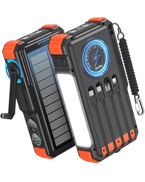 BLAVOR Solar Power Bank with Hand Crank and 4 Cables, 20000mAh Wireless Portable Charger with USB C ...