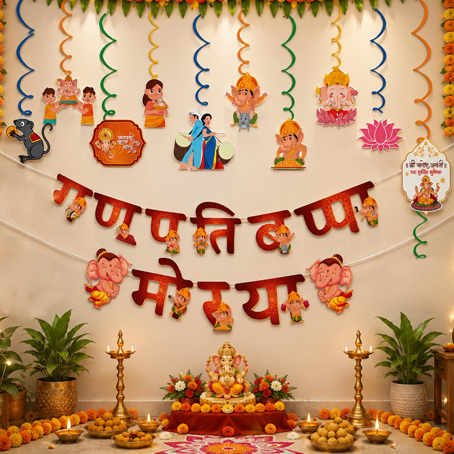 TIED RIBBONS 1 Ganpati Bappa Welcome Banner & 10 Cutouts Props Decoration Set | Ganesh Chaturthi Paper Hanging Props with Door Hanging Card | Ganpati Bappa Morya for Home, Temple & Festival Decor