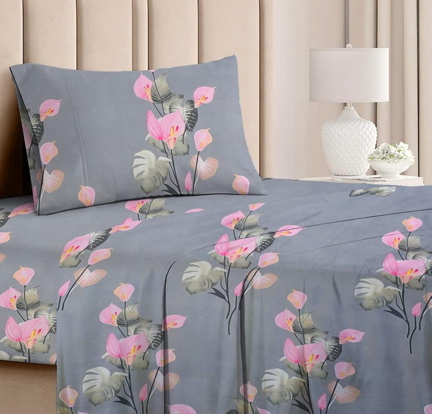 BSB Home 220 Tc Premium Forever Modern Style Glace Cotton Floral Luxurious Beautiful Soft Comfort Designer Floral Pattern 1 Single Size Bed Bedsheet and 1 Pillow Cover-Grey & Pink Flower