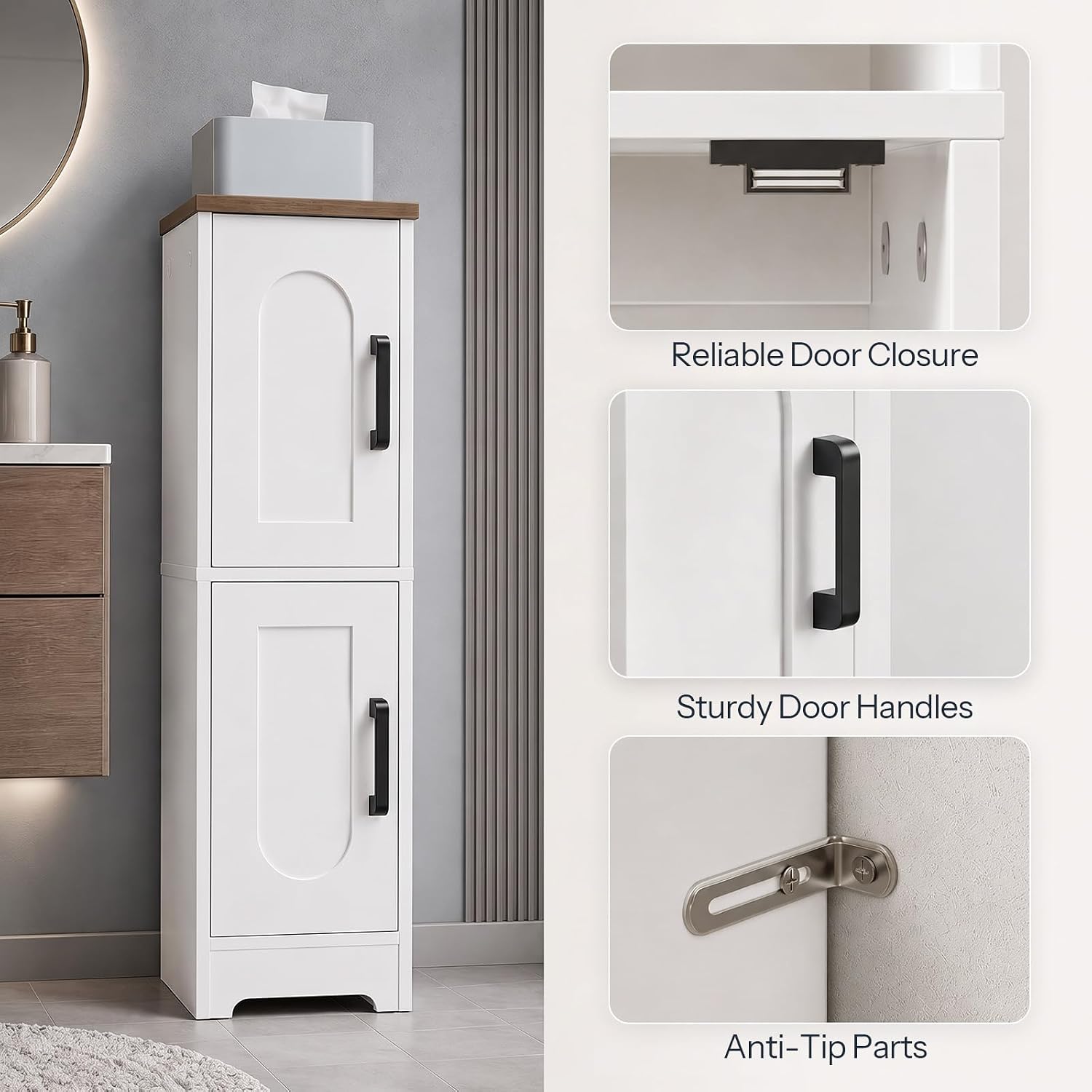 HOOBRO Small Bathroom Storage Cabinet with 2 Doors and Adjustable Shelves | Farmhouse Corner Floor Storage Cabinet, Toilet Paper Cabinet for Small Spaces, 8.3" D x 8.3" W x 30.7" H, White and Walnut