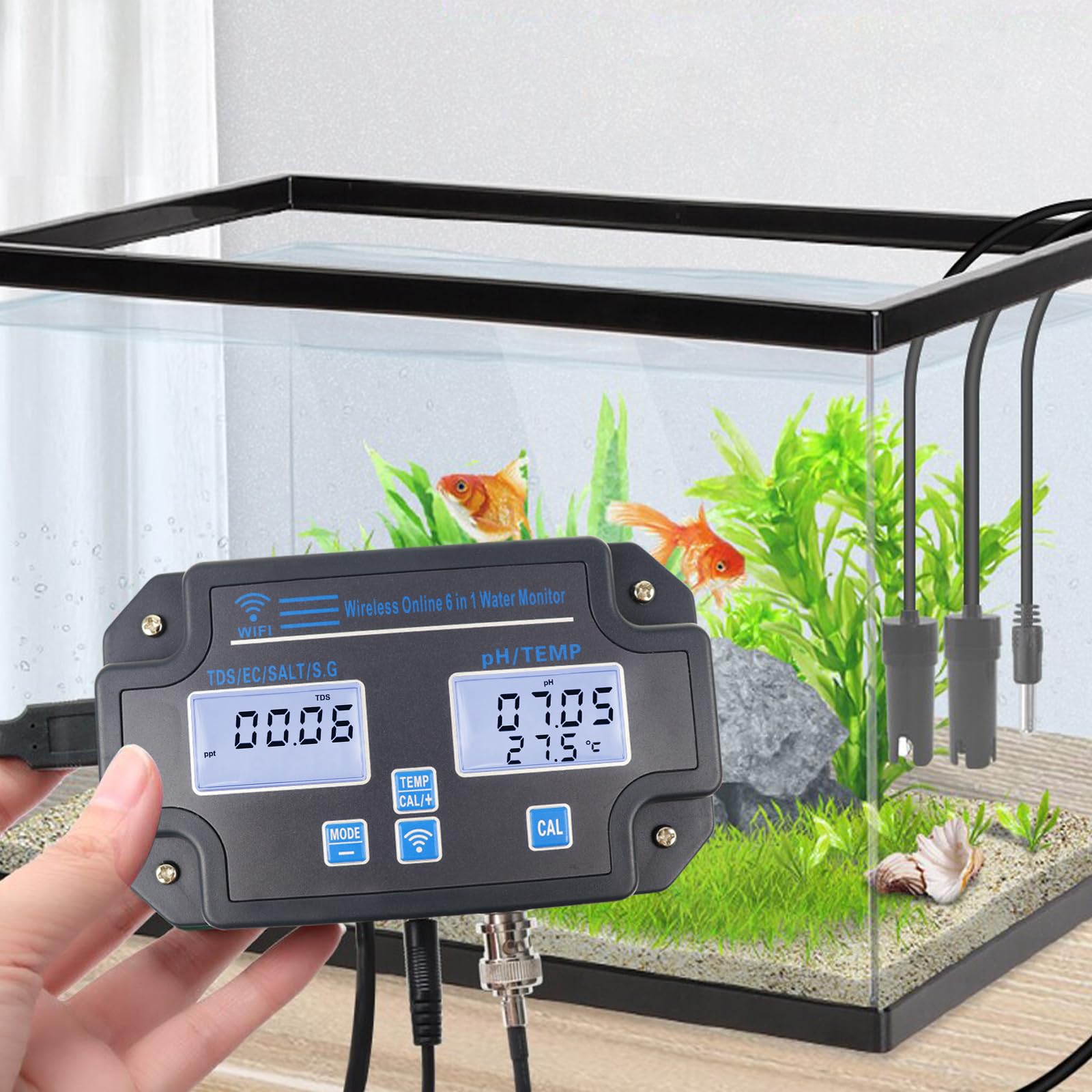 Smart Water Quality Tester, 24 Stunden drahtlose App-Überwachung von pH EC TDS Salzgehalt SG Temperatur, montierbar mit Alarmfunktion für Aquarien & Hydrokulturen