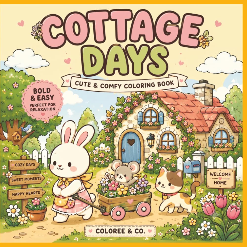Cottage Days: Bold & Easy Coloring Book for Adults: 50 Cozy Designs of Cottages, Gardens, and Animal Friends for Relaxation