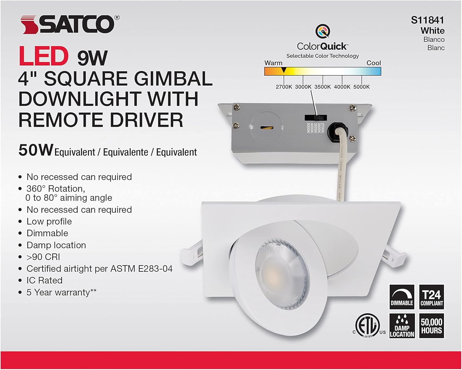Satco S11841 LED Low-Profile Gimbal Downlight, CCT Selectable 2700K/3000K/ 3500K/4000K/5000K, 4 Inches, White