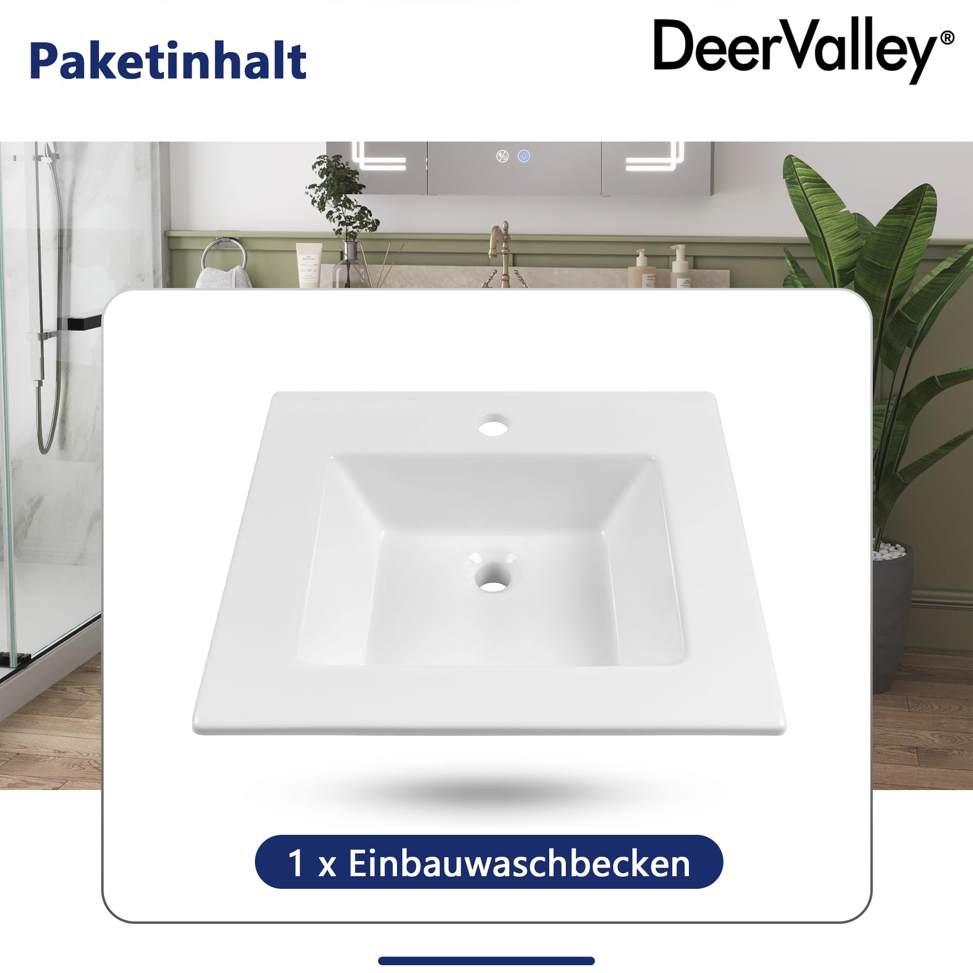 DeerValley Lavabo empotrable rectangular de cerámica con rebosadero de 53 x 46 cm