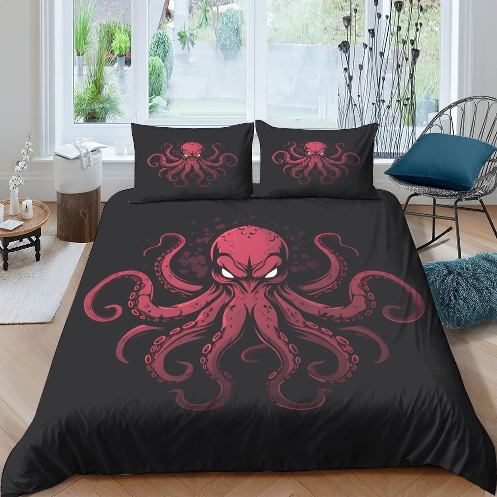 Ctjqhvkz Style-3 3D Printed Octopus Black Fitted Sheet Microfiber Soft Anti-Slip Red Kraken Bed Cover For Bedroom Dorm Mattress Protection Decor Single（135X200cm）