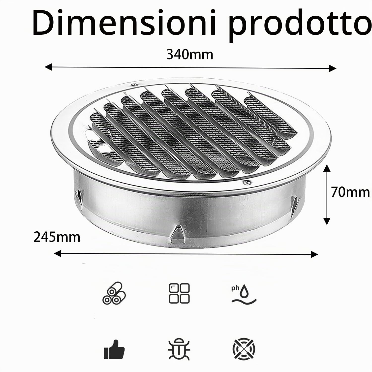 2Pezzi Griglia Aerazione Rotonda Acciaio Inossidabile 250mm,Con Funzione Antizanzare,per Bagno Ufficio Cucina Fabbrica