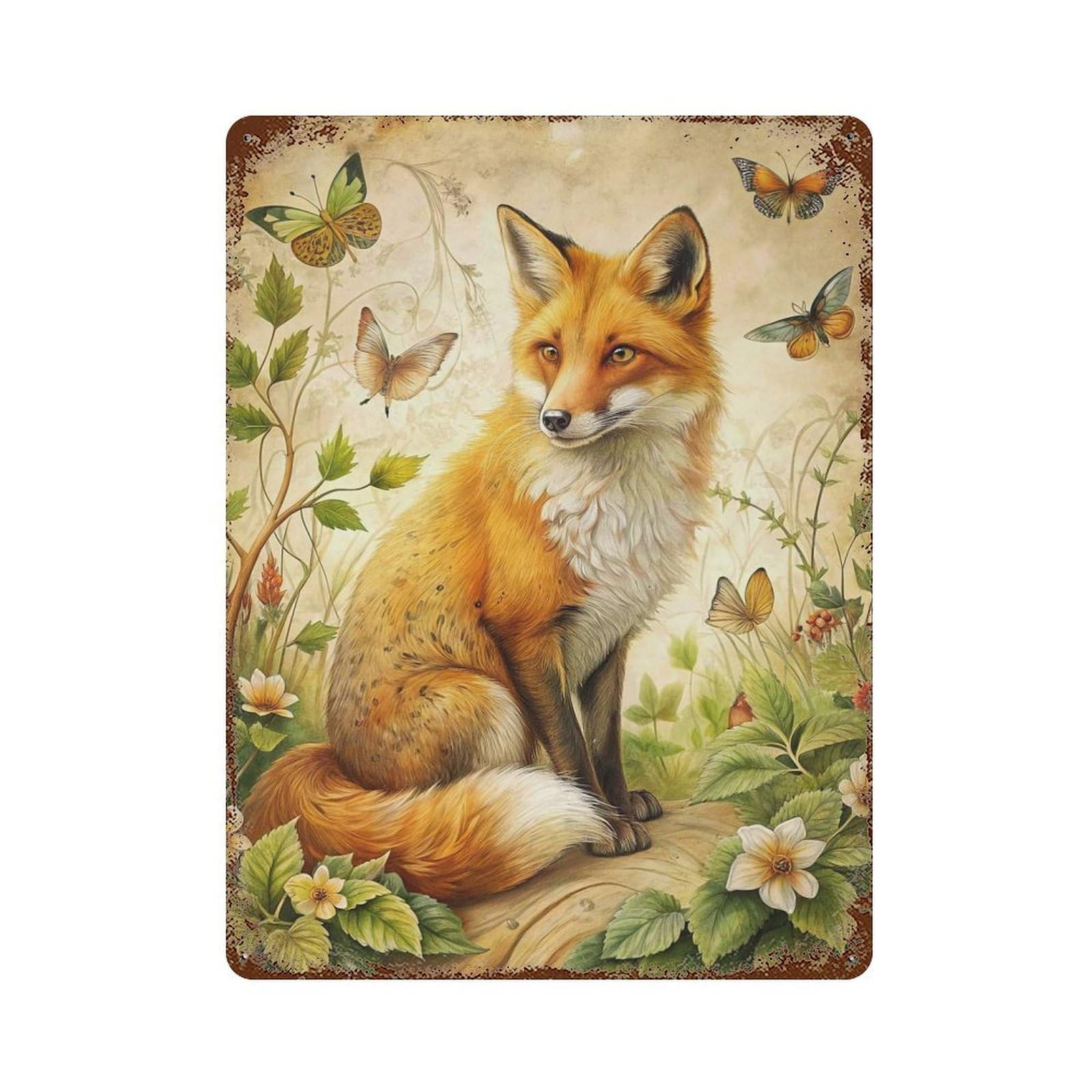 Fox And Butterflies in Nature Retro Metal Sign 15.7"x11.8", for Garage, Bar And Workshop Decor, Shabby Chic Decor