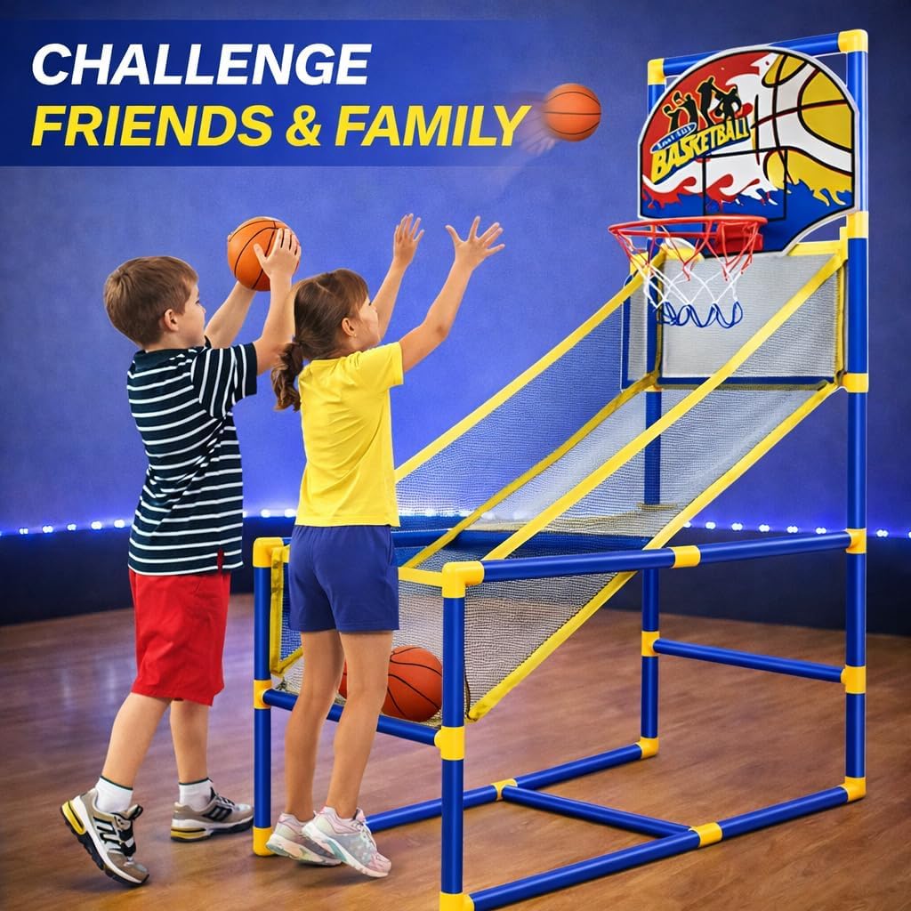 Liberty Imports Kids Arcade Basketball Game Set with Automatic Ball Return, Indoor Mini Basketball Hoop Shooting Game, Includes 2 Inflatable Balls and Pump, Easy Assembly Basketball Toy for Boys