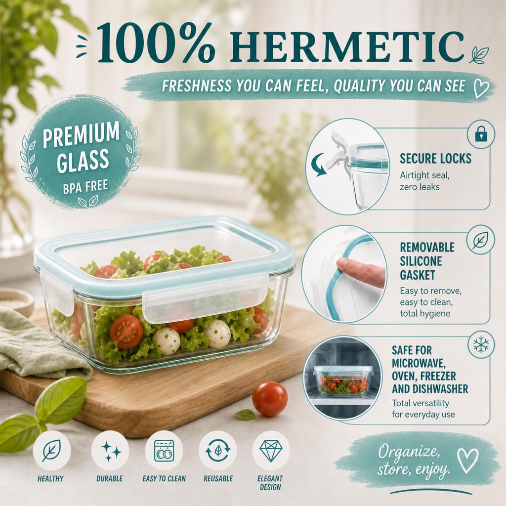 edihome, Contenitori Ermetici per Alimenti Vetro, 8,14 o 18 pezzi (contenitori + coperchi), a tenuta d'aria, a prova di perdite - Senza BPA, approvato dalla FDA e dal FSC (7 contenitori)