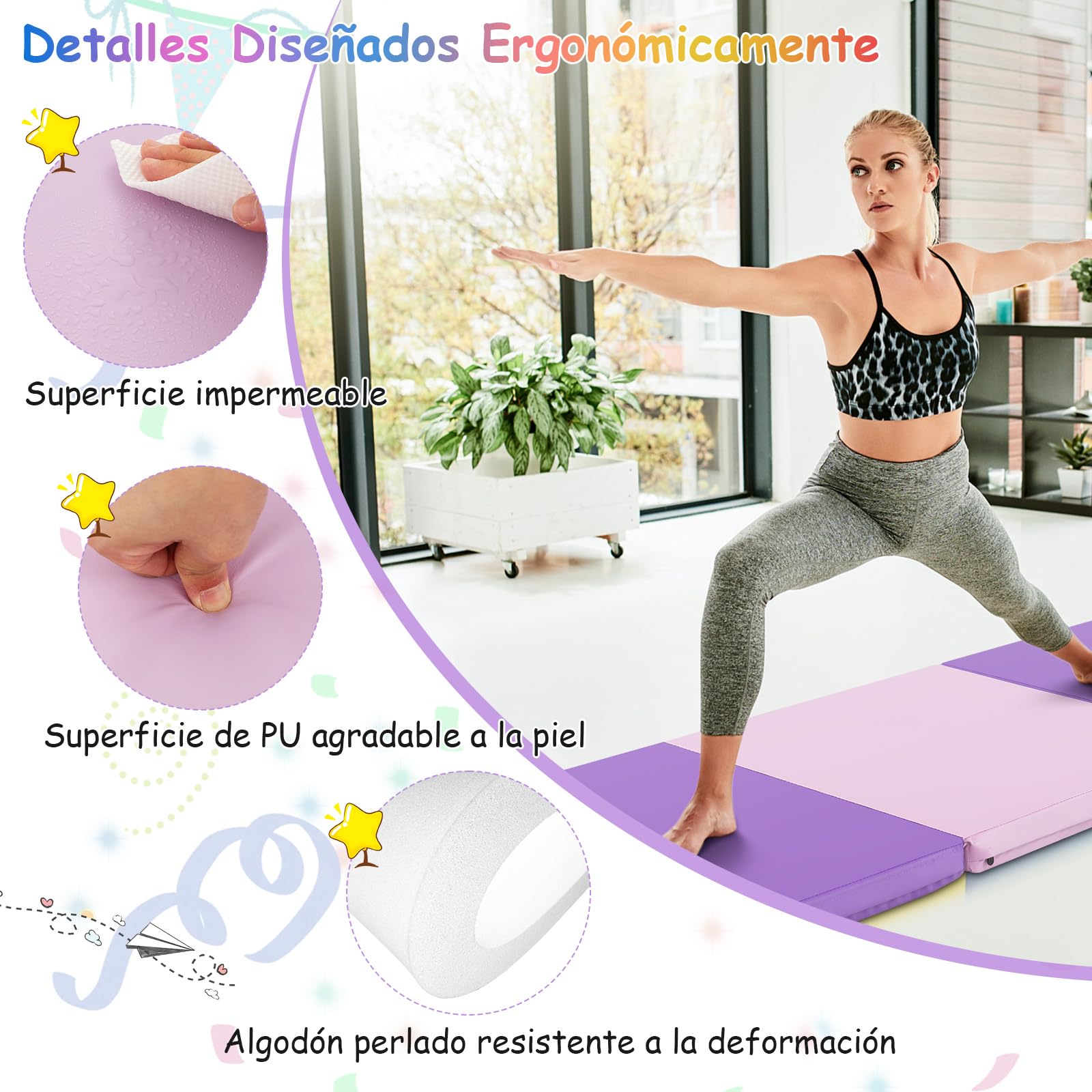 COSTWAY 180 x 60 x 5 cm Colchoneta de Gimnasia Plegable, Esterilla de Gimnasia con Superficie Impermeable y Algodon Perlado, Estera Suave de Yoga con 2 Asas para Niños Adultos