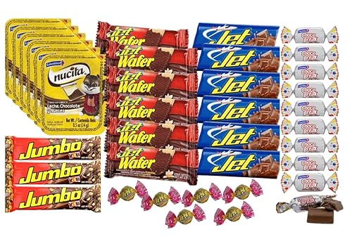 Caja de Jet Chocolate con leche y Nucita y mas Caja colombiana de 37 golosinas surtidas