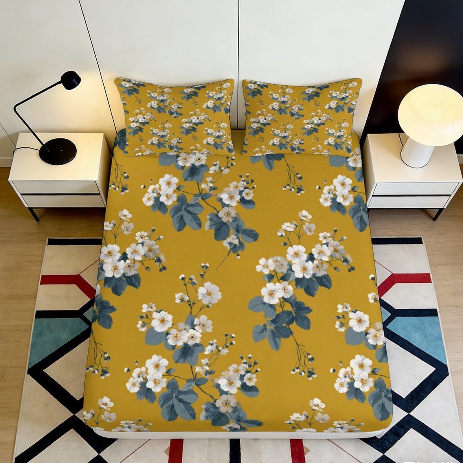3D Printed Floral Fitted Sheet Microfiber Deep Pocket Non-Slip Country Flowers Mattress Fitted Cover Bedroom Bedding All Ages Washable 200x200x25cm 90x200x25cm