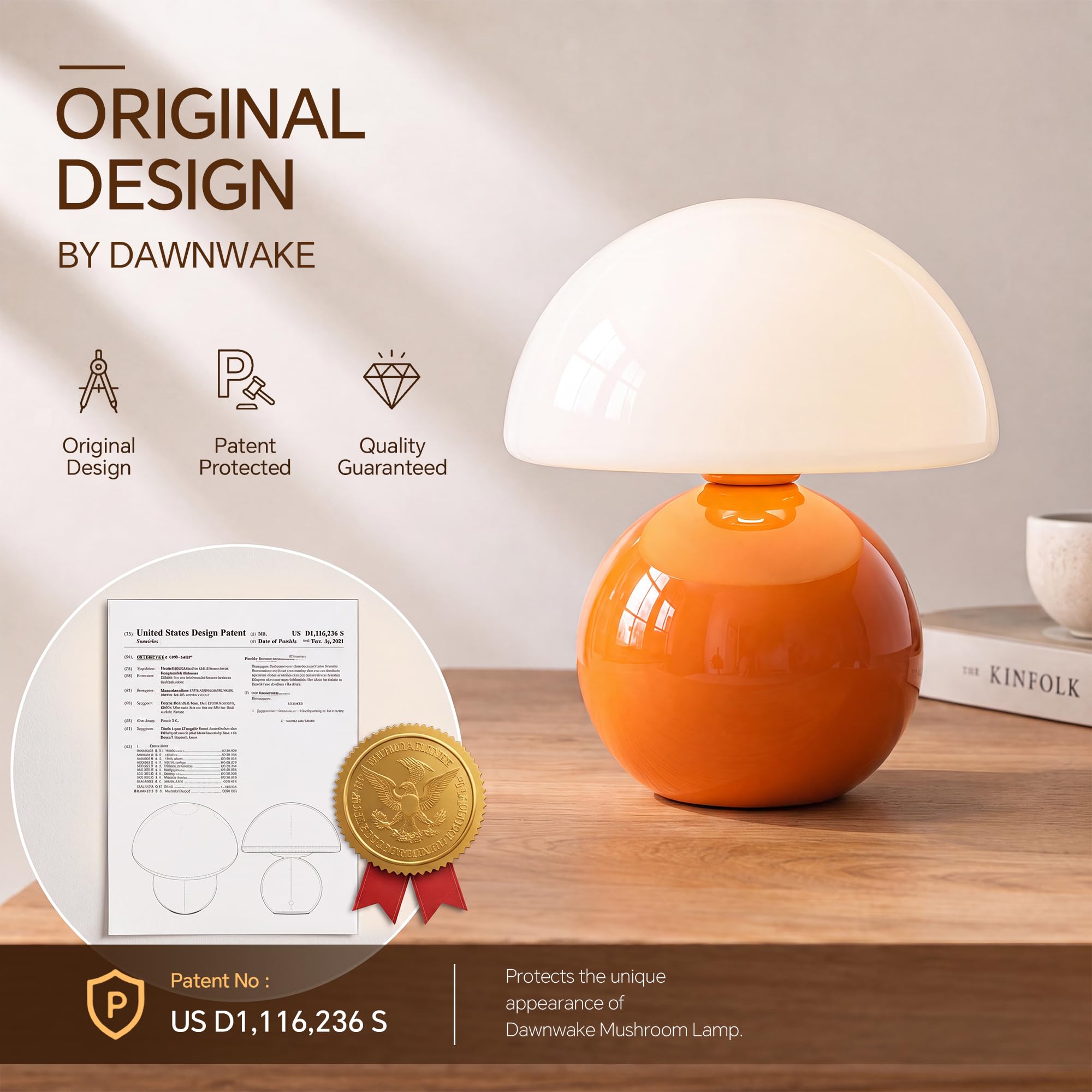Dawnwake Lamparas de Mesita de Noche, Lámpara de mesa LED Regulable, Pantalla de Cristal Con Forma de Hongo y Base de Cerámica, Decoración del Hogar Para Dormitorio, Sala de Estar (Naranja)