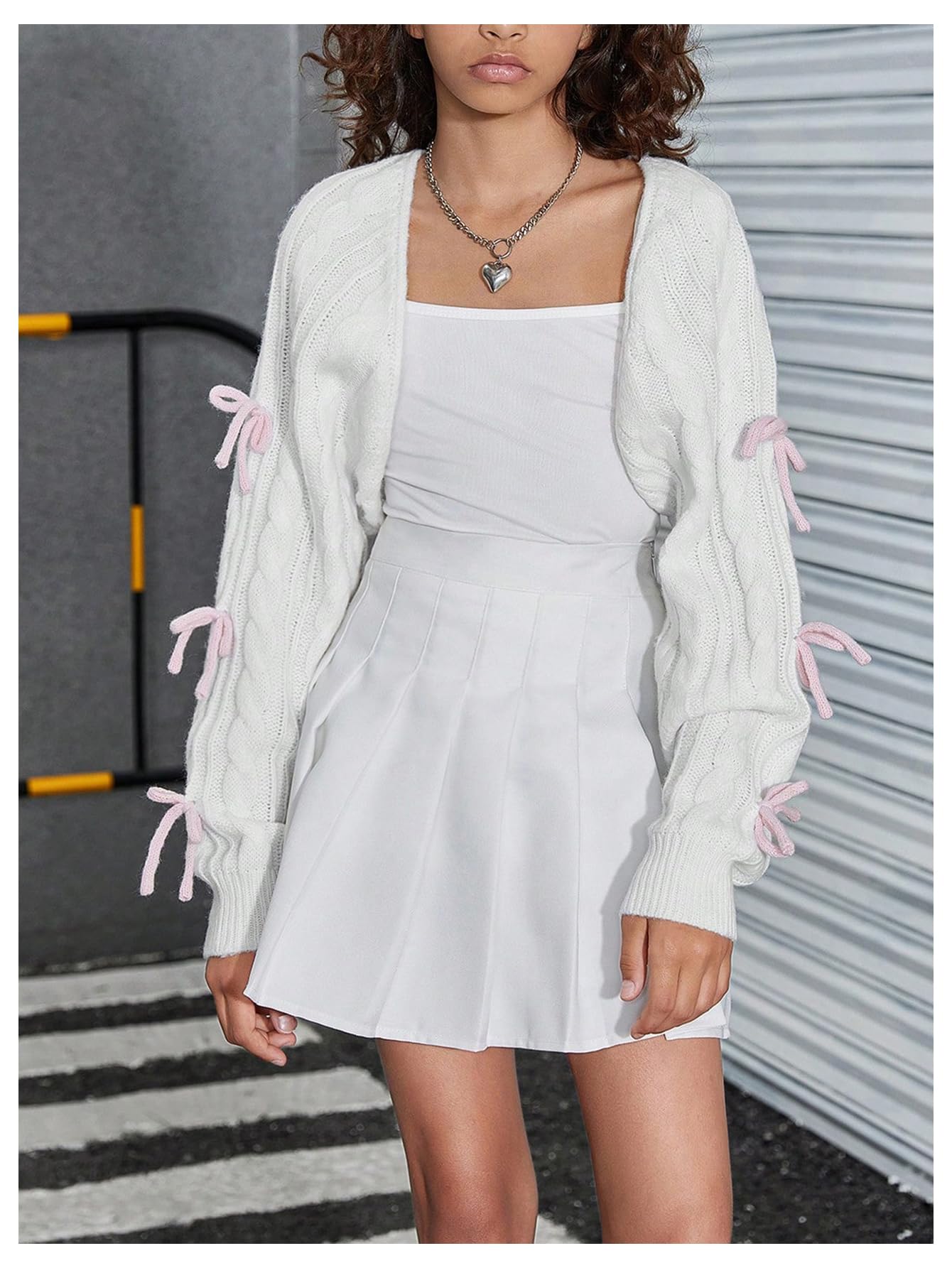 Floerns Y2k Langarm-Crop-Cardigan für Mädchen, mit Schleife, vorne offen, niedlicher Bolero