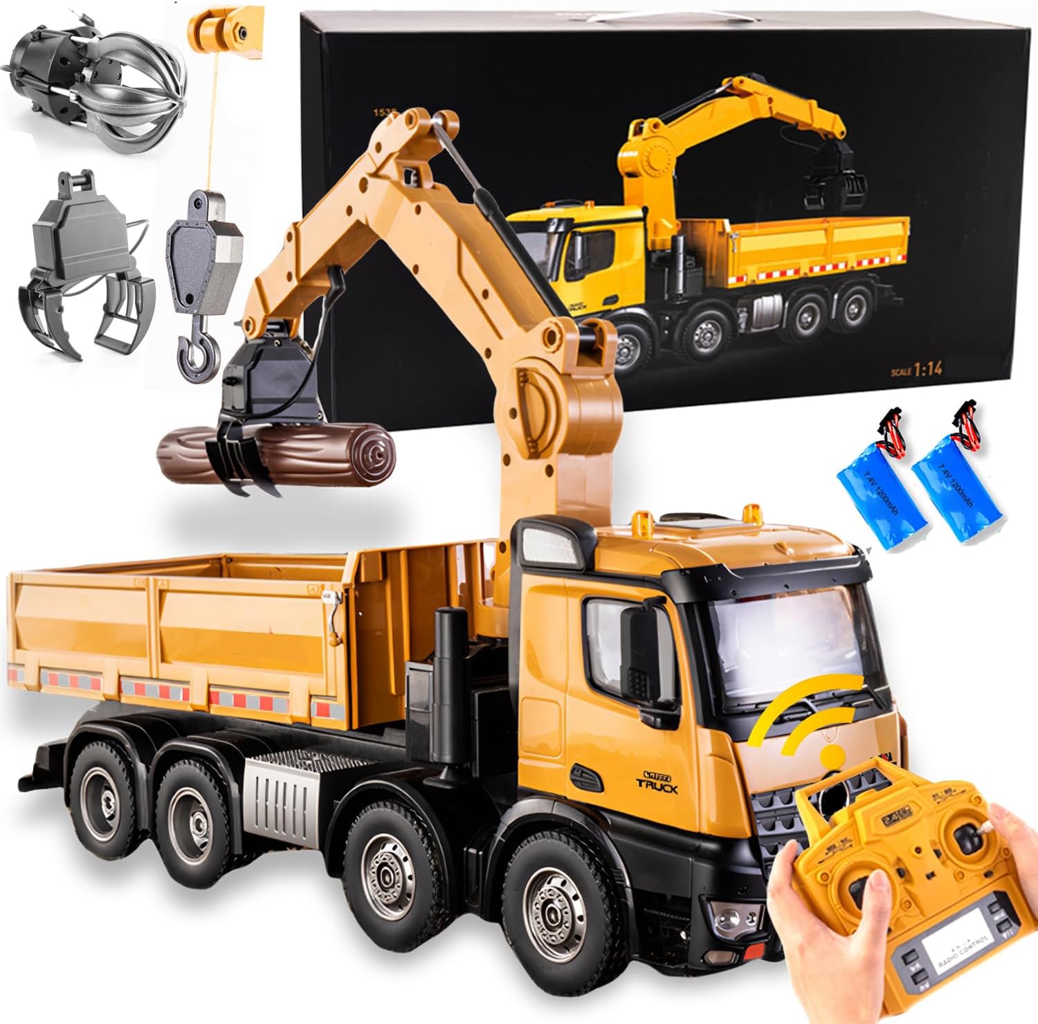 Remote controlled dump truck large 18.8 inches (48CM) 1:14 vehicle model three in one grab head replaceable construction transport vehicle remote control model Suitable for adults 14+ (dual battery)
