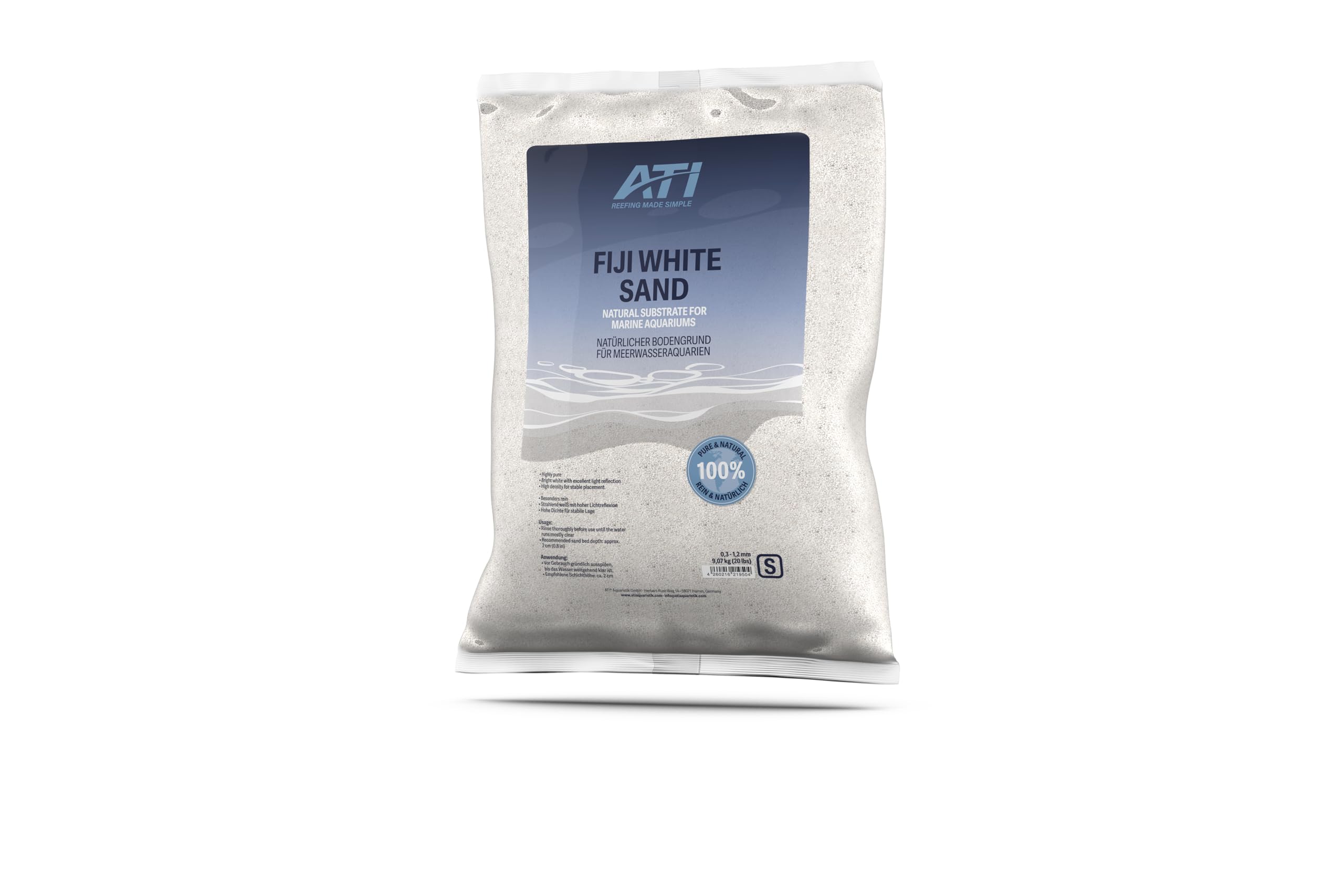 ATI Fiji White Sand M – strahlend weißer natürlicher Bodengrund für Meerwasseraquarien, hohe Reinheit, sehr Gute Lichtreflexion, 1,0–2,0 mm, 9,07 kg