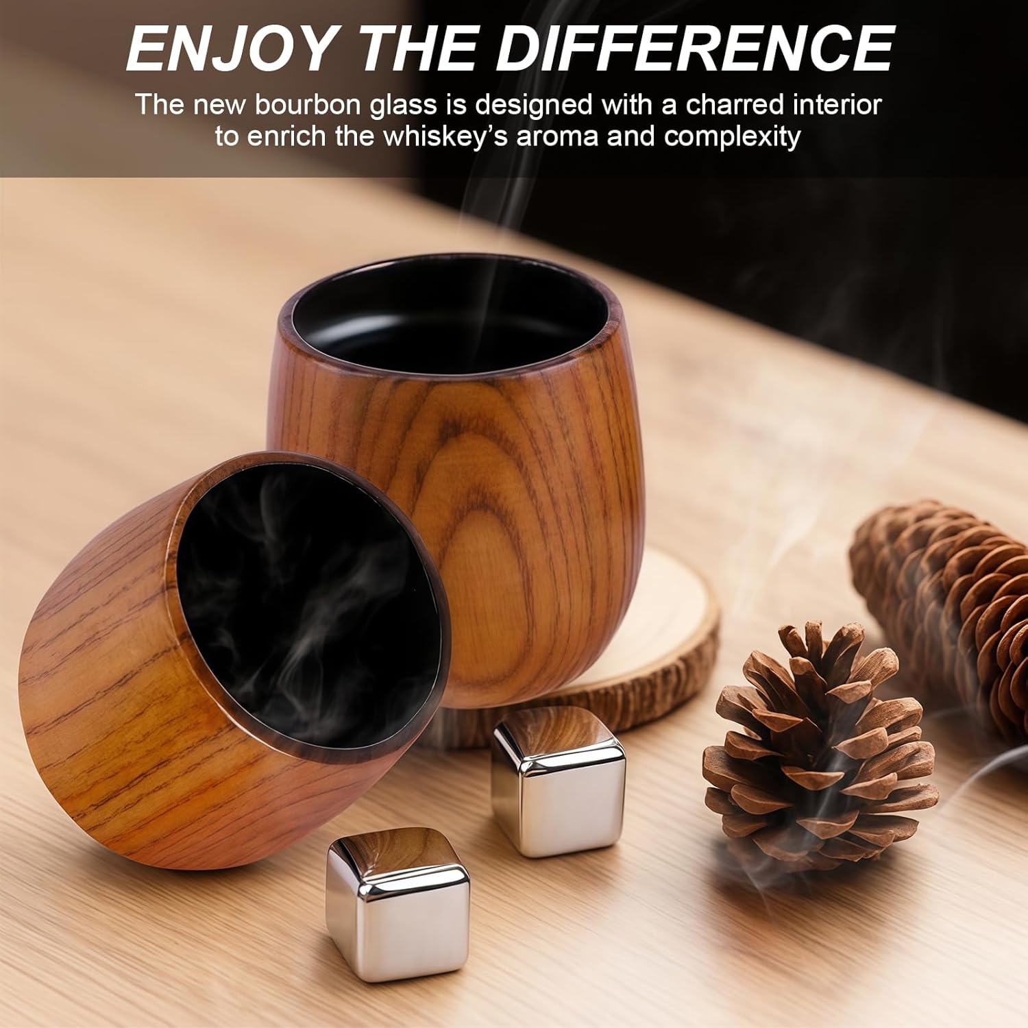 Charred Wooden Bourbon Glass Gift for Men, 5oz Whiskey Tumbler with 6 Stainless Steel Whiskey Stones, Tongs, Old Fashioned Glass Whiskey Gift for Dad Husband Boyfriend Valentine's Day Birthday Present - Image 3