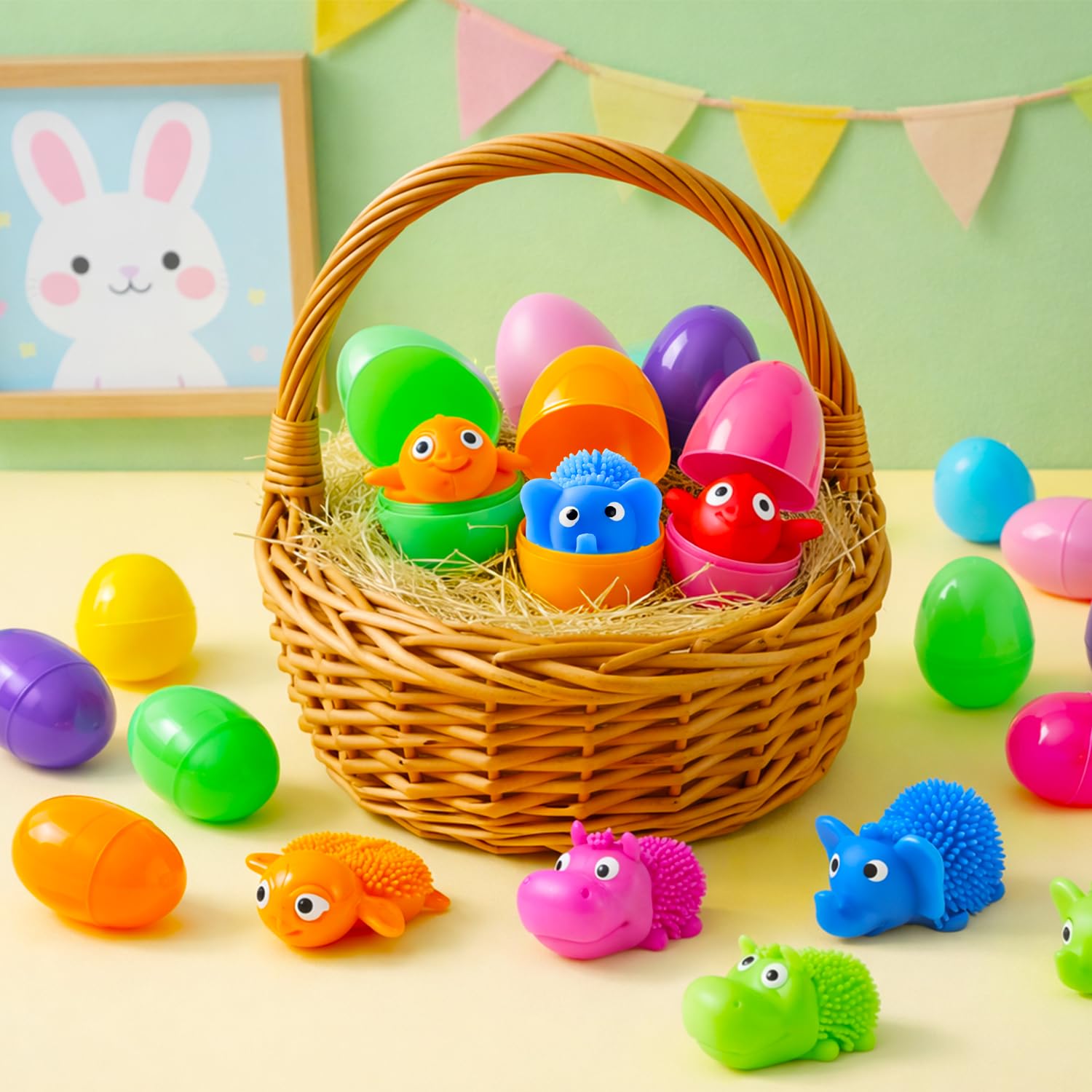 24Pack Easter Prefilled Eggs with Squishy Toys Inside Bright Plastic Easter Eggs Filled Cute Stress Reliever Squishy Toy for Easter Basket Stuffers Animal Easter Egg Filler Classroom Prize Supplies — view 2
