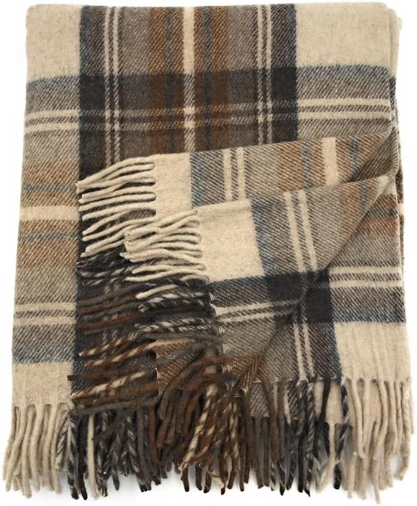 Soft Wool Tartan Knee Blanket - 185x77cm Scottish Tartan Check Rug with Fringed Edges – Warm Sofa, Travel & Car Blanket for Christmas (Stewart Natural Dress)