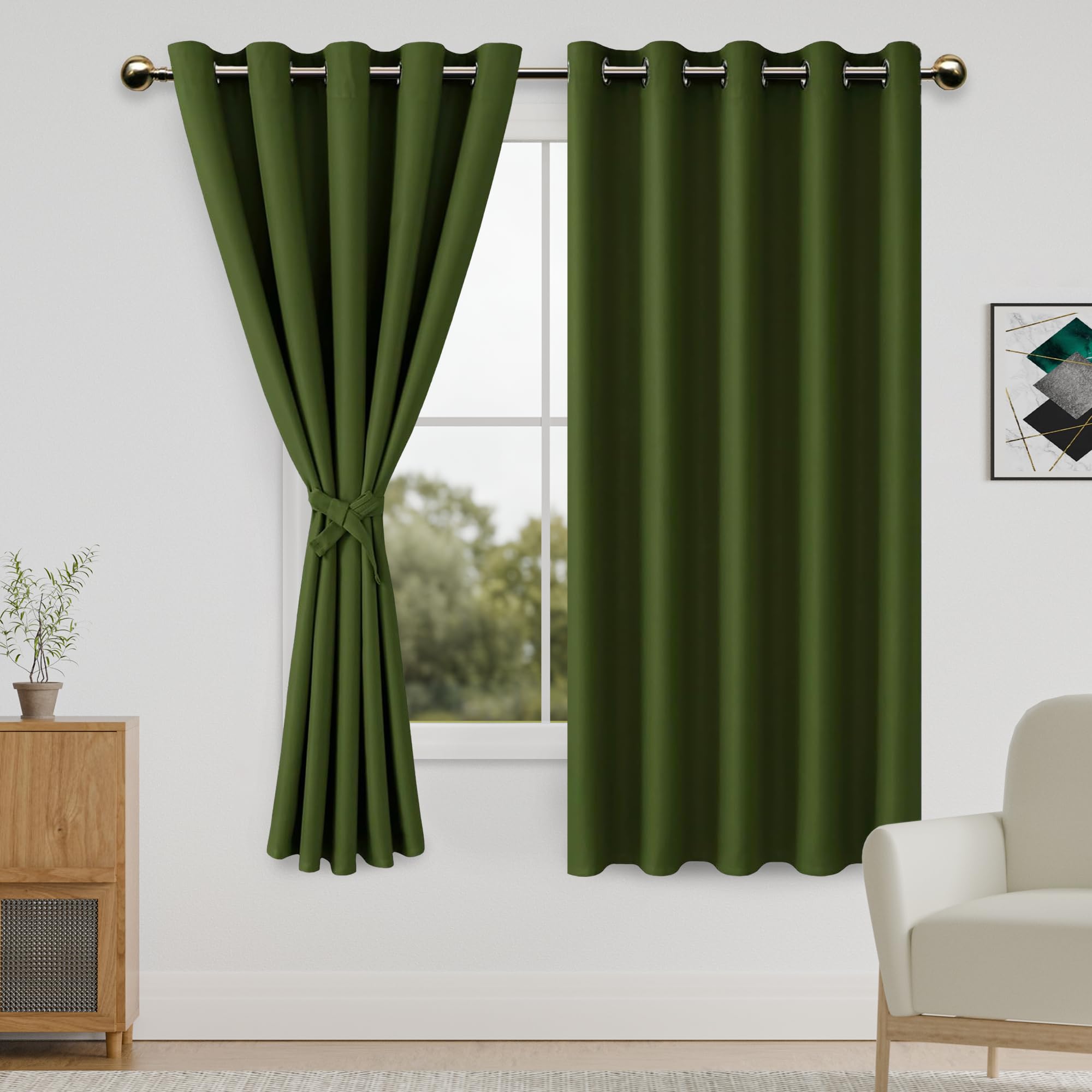 DWCN Blackout Curtains for Bedroom with Tiebacks - Room Darkening Privacy Grommet Top Window Curtains for Living Room, 60 x 63 inch Length,Olive Green,Set of 2 Panels — image 1