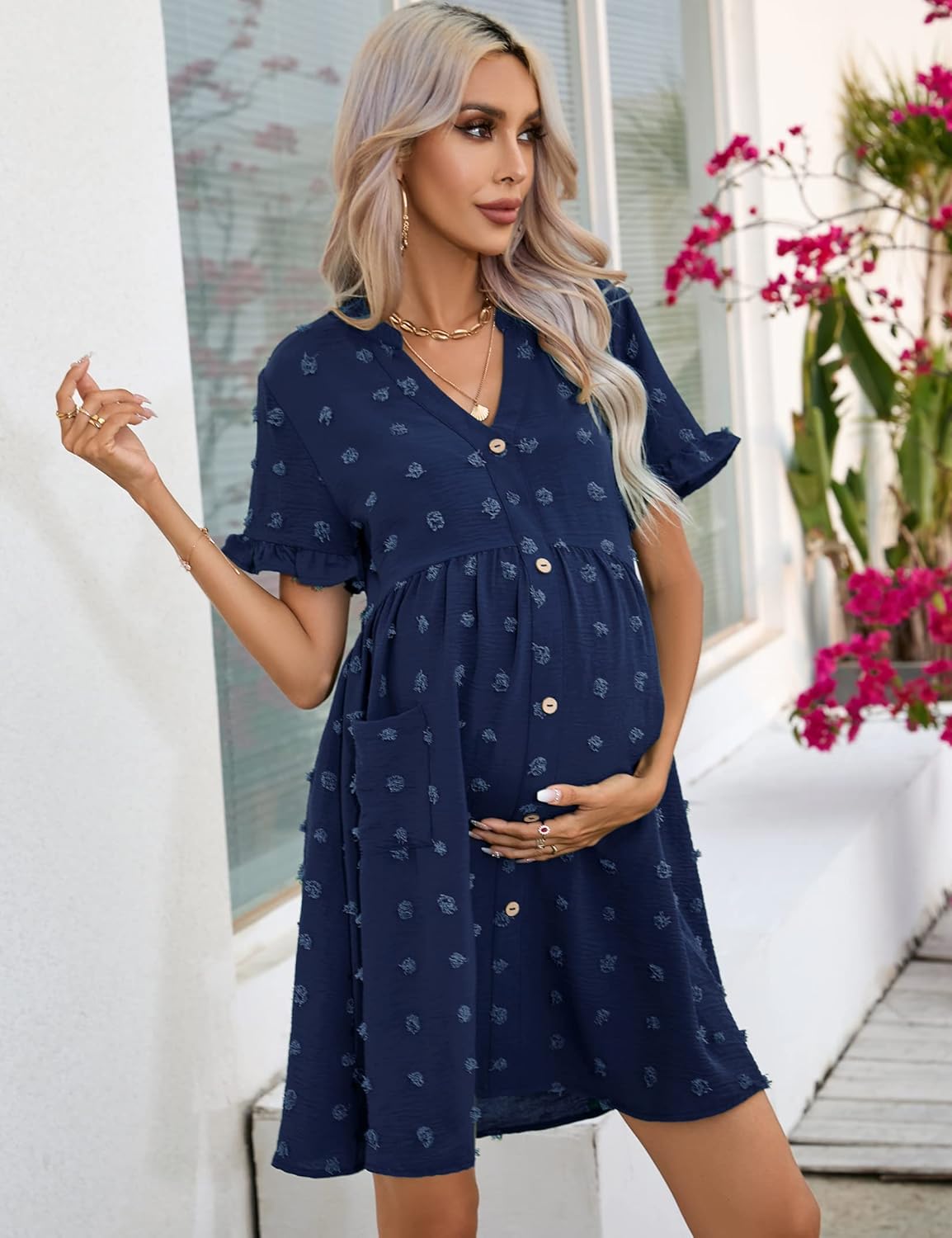 KOJOOIN Women's Maternity Swiss Dot Dress Summer V Neck Short Sleeve Mini Dress