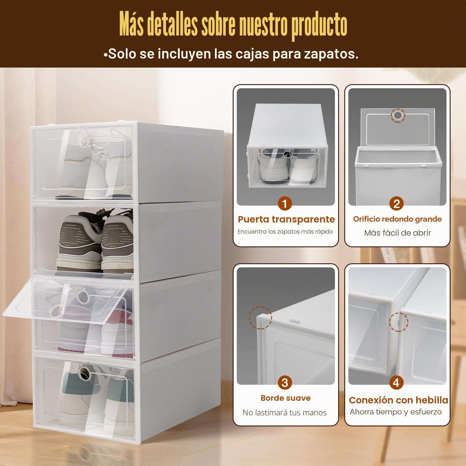 Caja de almacenaje de zapatos de plástico transparente con tapa, caja de zapatos de plástico a prueba de polvo y apilable