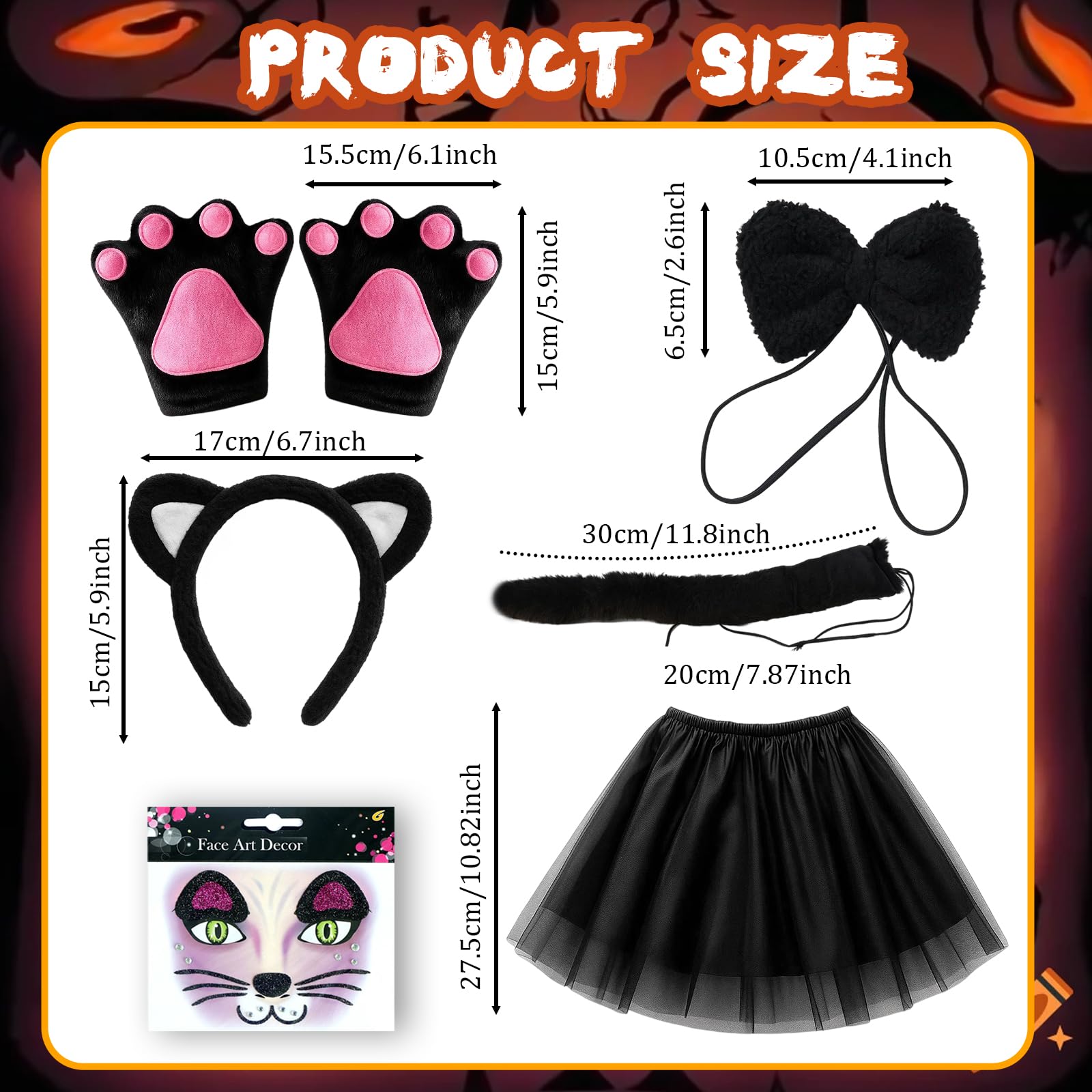 ZcrPrn Cat Costume, 6 PCS Halloween Party Animal Costume with Cat Ears Headband, Gloves, Bow Tie, Tail - Image 2