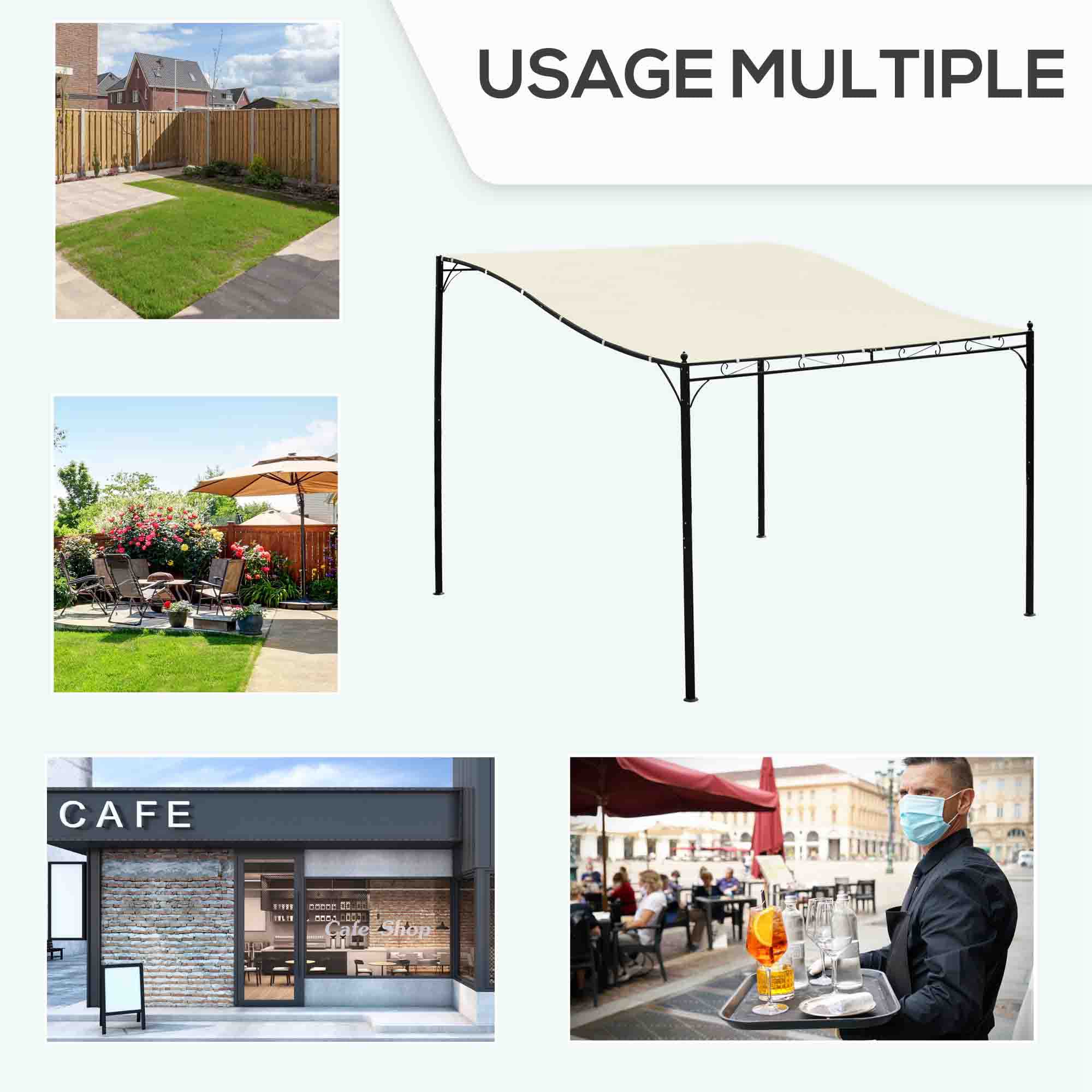 Outsunny Pergola tonnelle de Jardin auvent 3 x 3 m adossable métal Gris Polyester imperméabilisé Anti-UV crème