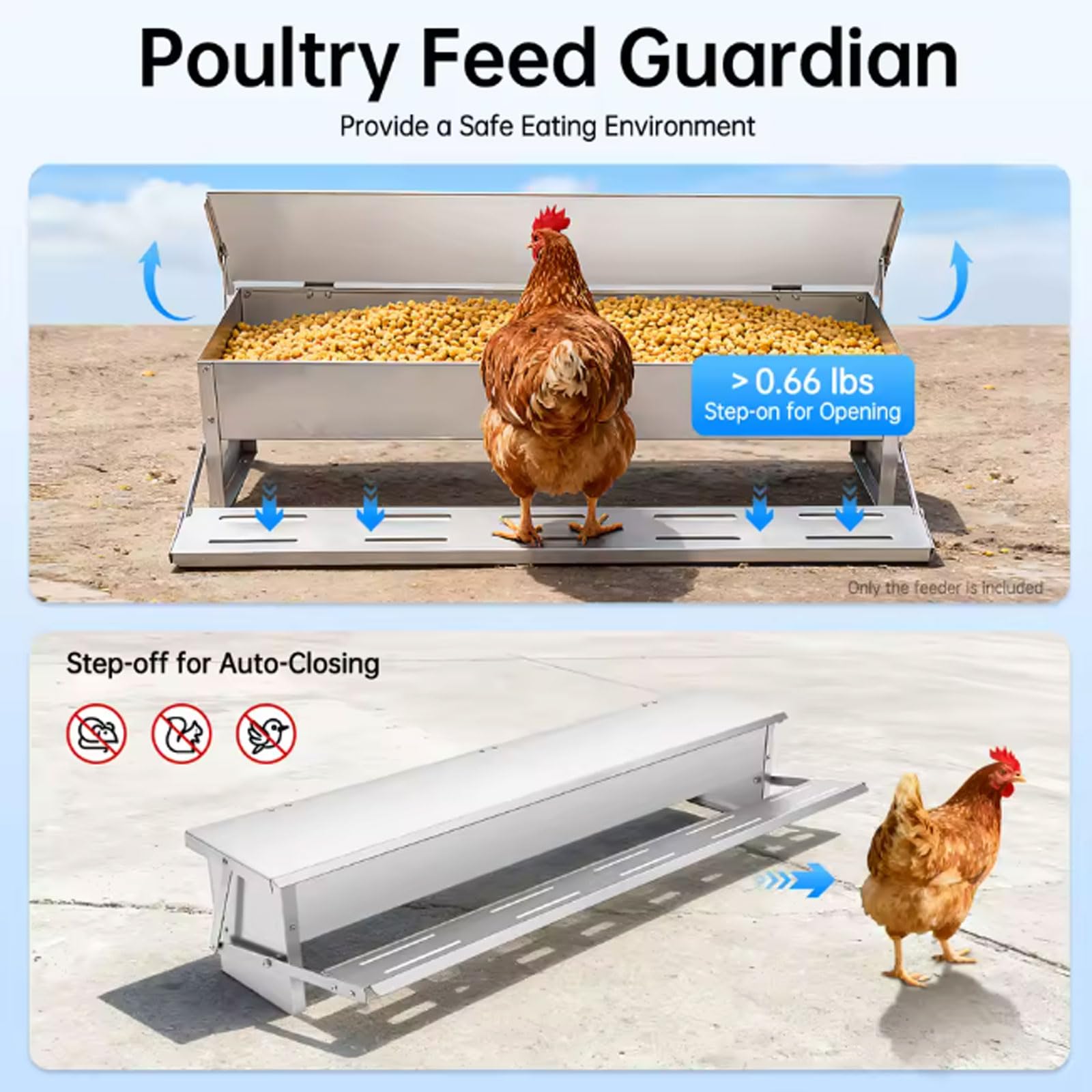 Comedero Automático para Pollos de Acero Galvanizado con Pedal Automático y Manta Resistente al Agua Comedero Gallinas Exterior Anti Desperdicio para Patos, Gallinas Enanas y F(Size:Large - 82.5x18cm)