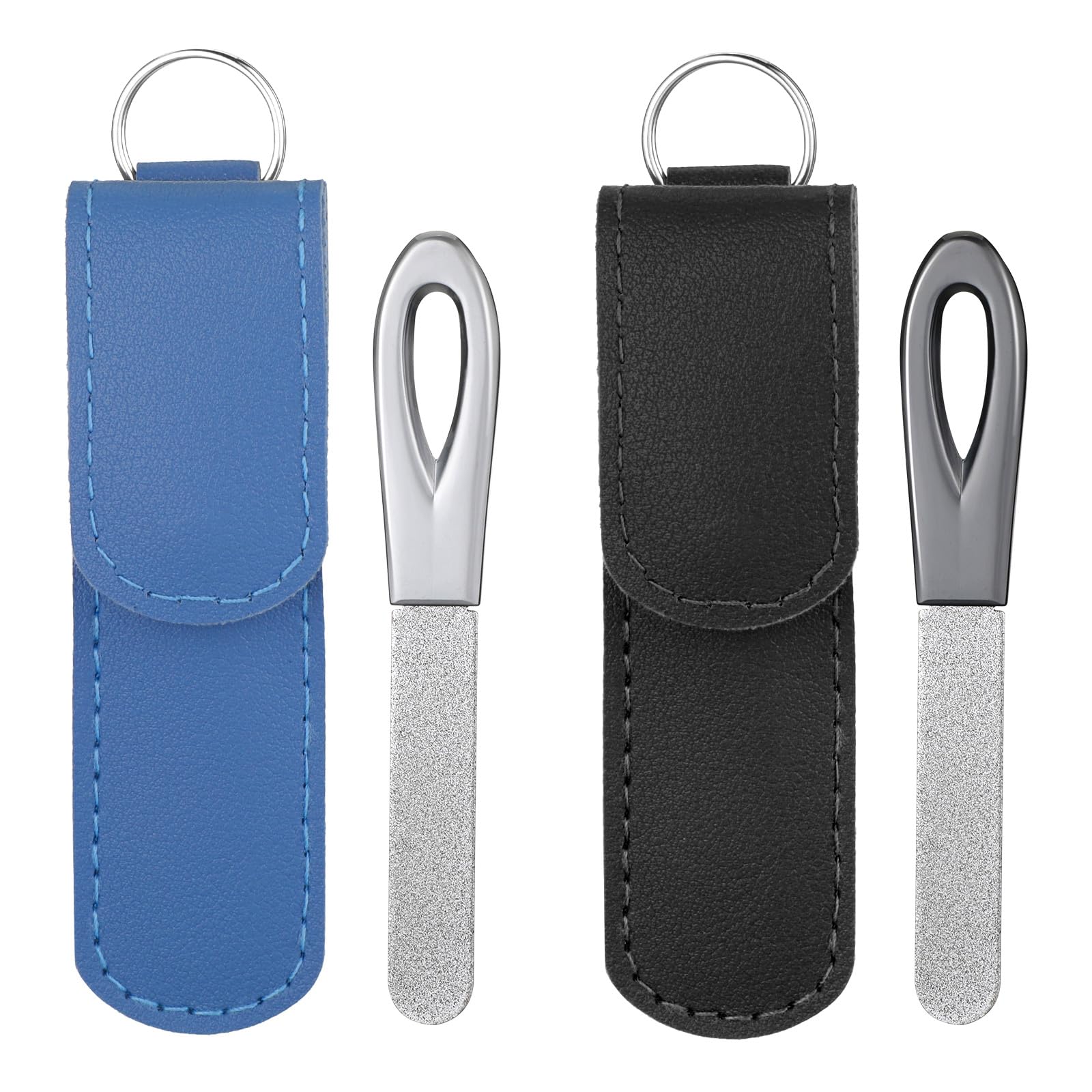 2 Pack Metal Nail File with Case, 3.6 in Travel Keychain Nail File for Natural Nails, Metal Diamond Double Sided Grit Nail Toenail Files with Leather Cases for Women Men