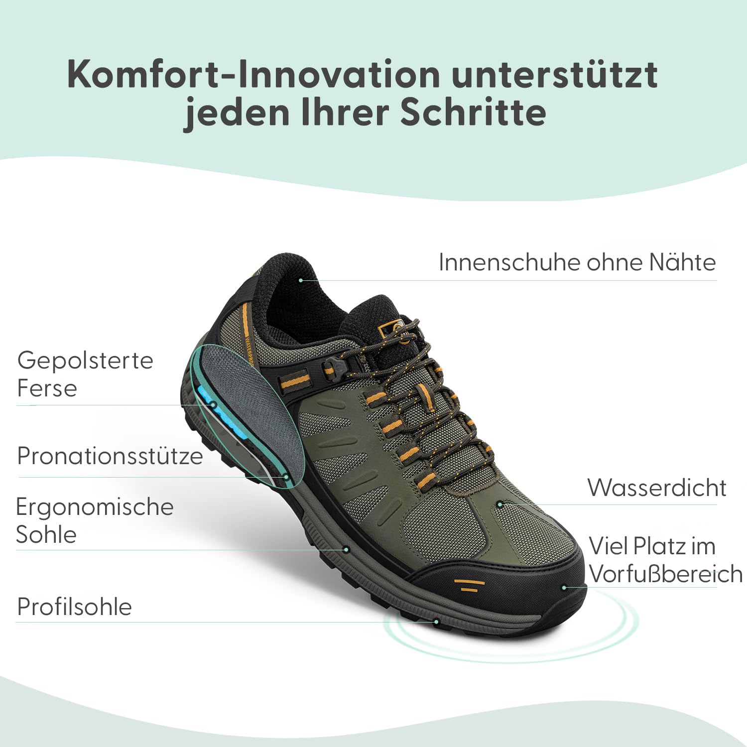 Orthofeet Avalon Orthopädische Herren Wanderschuhe | Wasserdichte Trailrunning-Schuhe Mit Rutschfester Profilsohle, Anatomischer Fußgewölbestütze Und Dämpfung
