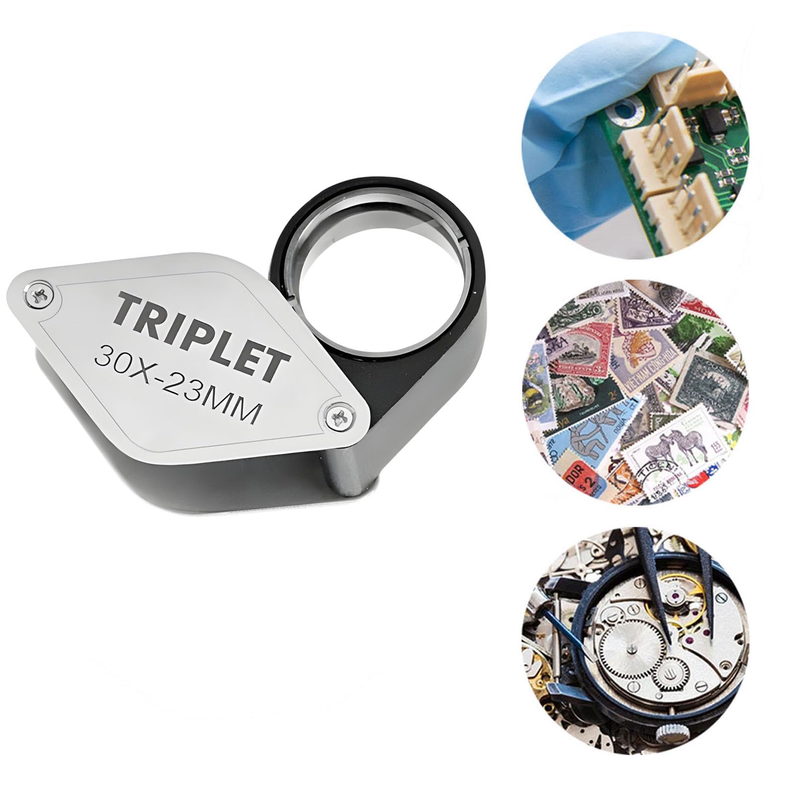 30-fache Juwelierlupe, Triplettlinse, faltbare Taschenlupe aus Metall, mit Lederetui und Umhängeband für Schmuck, Münzen, Briefmarken, Uhren