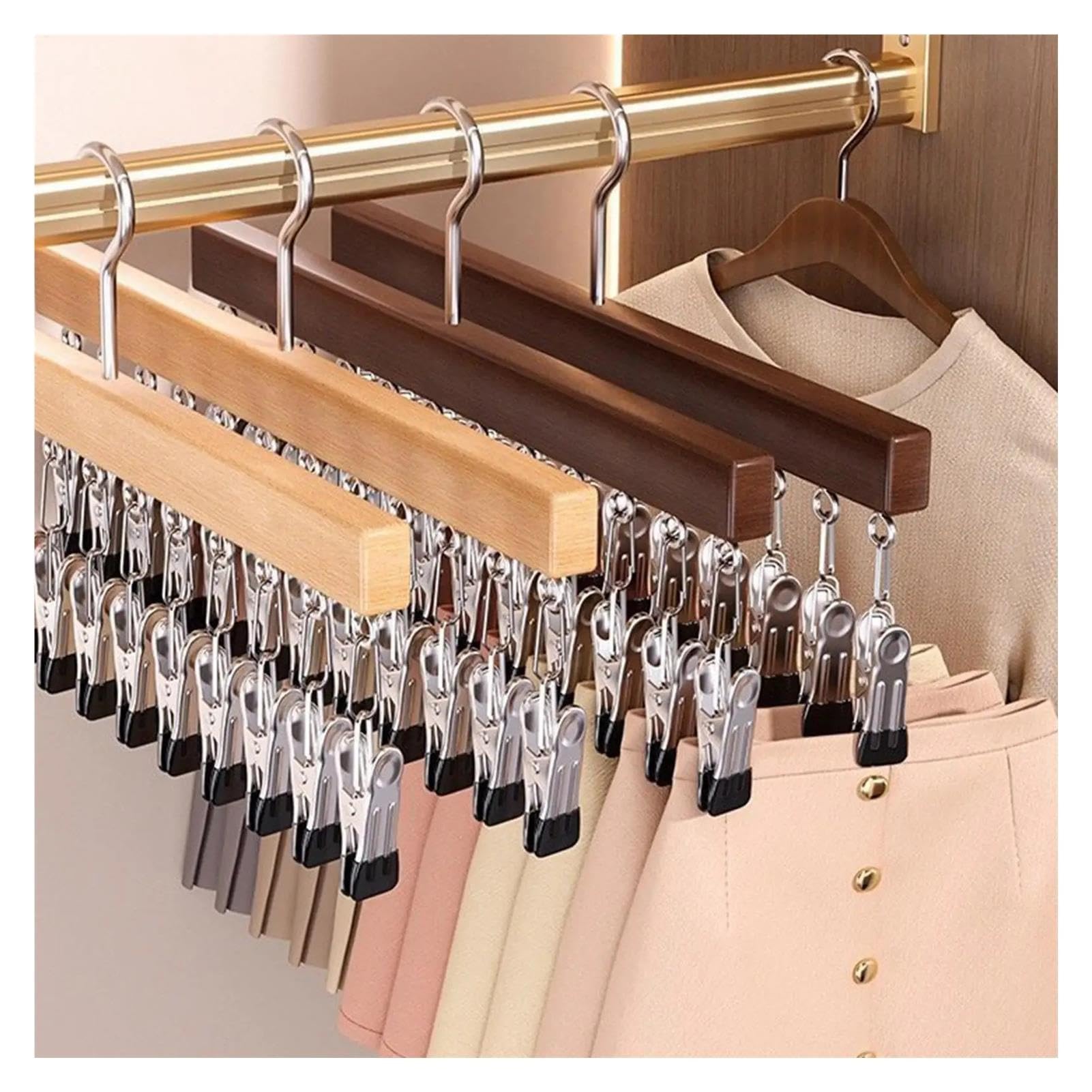 Perchas for Pantalones, Soporte Sombreros con 12 Clips Pantalones Vaqueros, Faldas, Sombreros, Bufandas, Ropa, Cortos(Dark Walnut)
