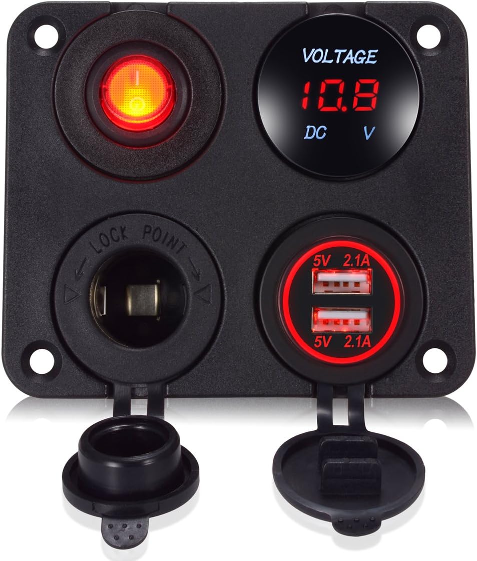 LiDiVi Dual USB Socket Charger 2.1A & 2.1A + LED Voltmeter + 12V Power Outlet+ ON-Off Toggle Switch, 4 in 1 Multifunction Panel for Car Boat Marine RV Truck Vehicle - Red