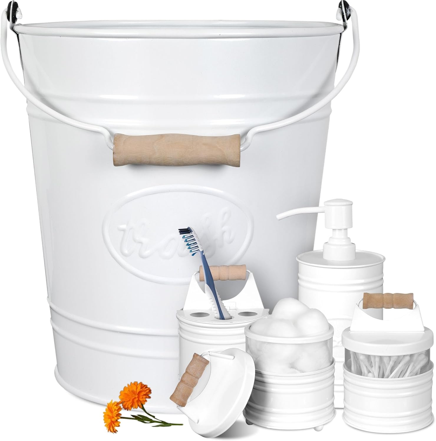 Autumn Alley Farmhouse Bathroom Trash Can & Rustic Bathroom Accessories Set - White Metal Trash Can with Wooden Handle and 4-Piece Bathroom Organizer Set, Farmhouse Décor