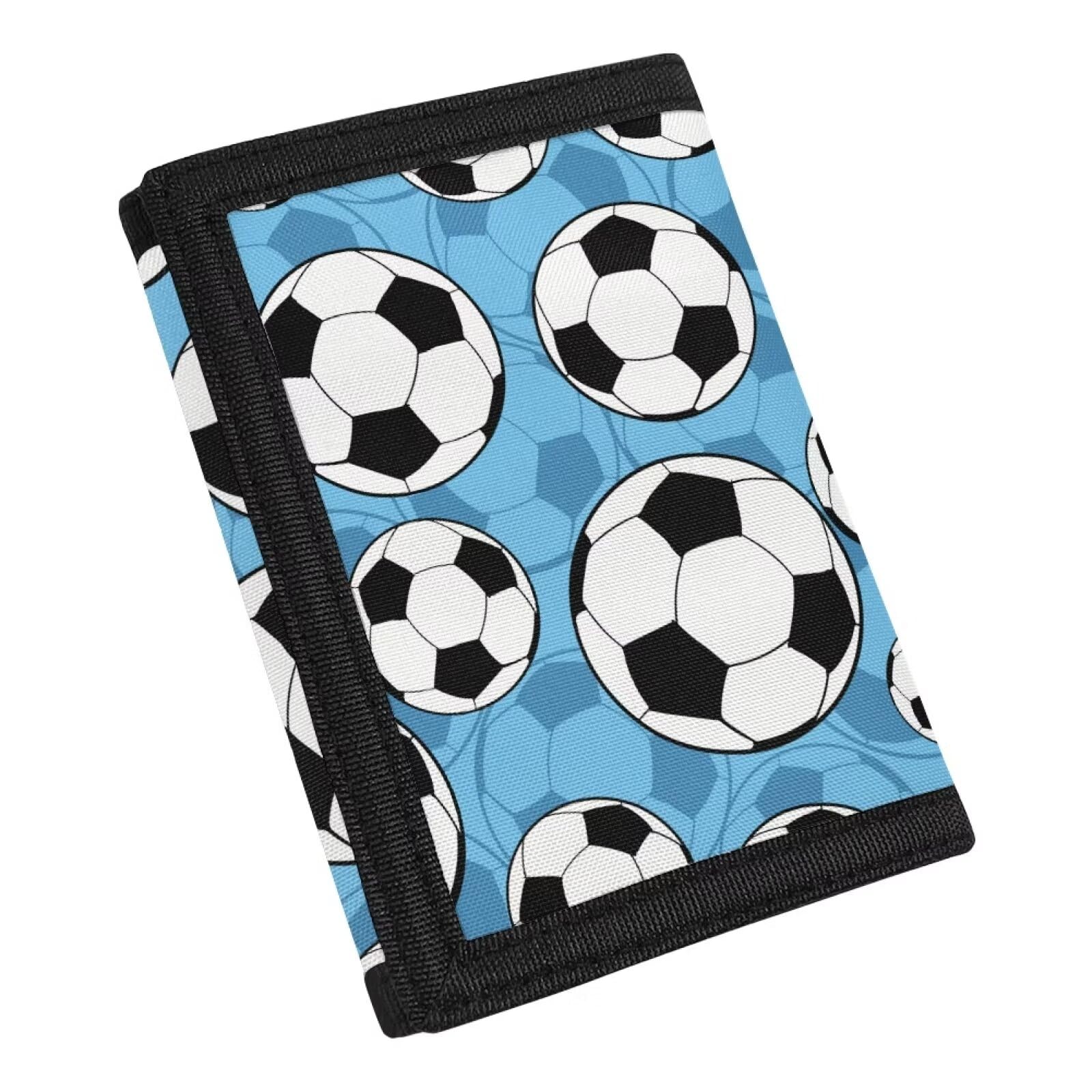 Coldinair Soccer Pattern Boys Wallet - Trifold Coin Bag Purse with Pocket, RFID Canvas Outdoor Sports Wallet, Blue and White
