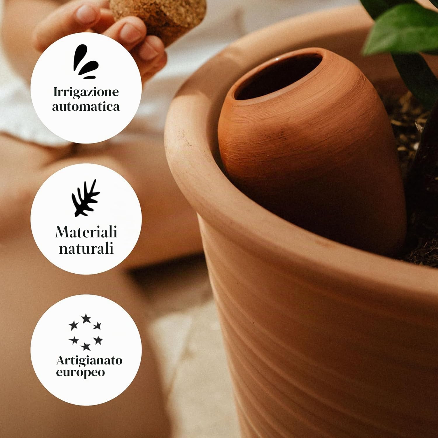 Pepin | 2X Ollas Terre Cuite à Planter | Irrigazione Automatica ed Ecologica per Piante da Interno e da Esterno | Sistema di Irrigazione Naturale | Autonomia di Circa 1 Settimana | OYA Verde - 250ml