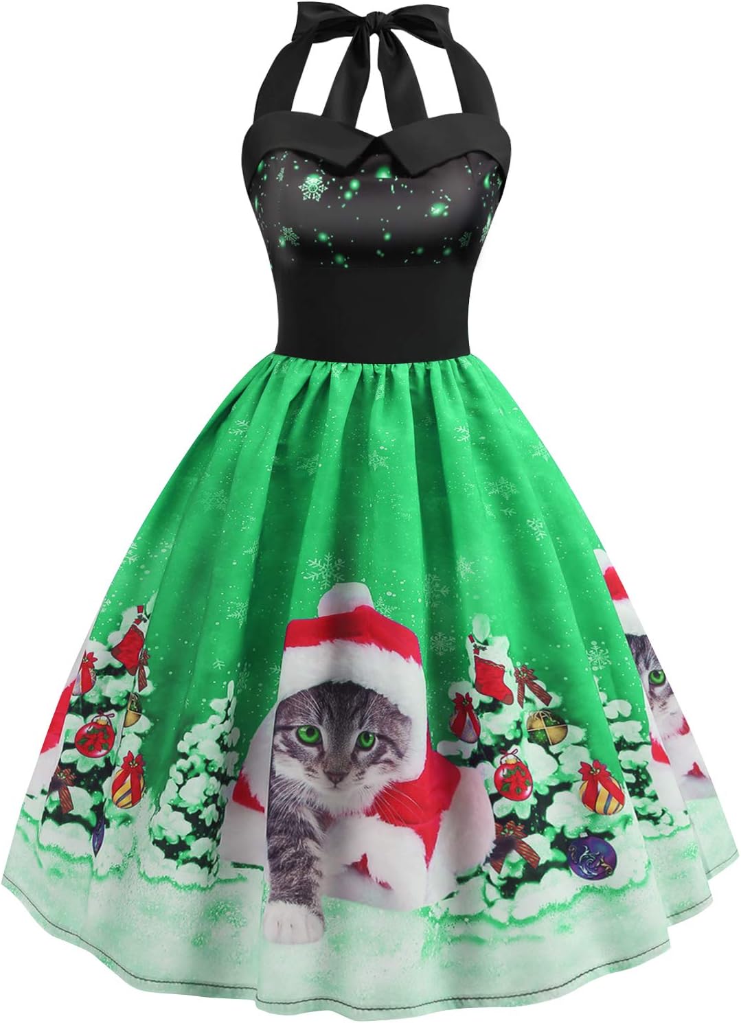 Christmas Dress Womens Vintage Halter Dress A Line 1950s Xmas Santa Cat Cocktail Swing Tea Dance Party Dress Costume (A Christmas Cat Dress, X-Large(Fits Like Large))