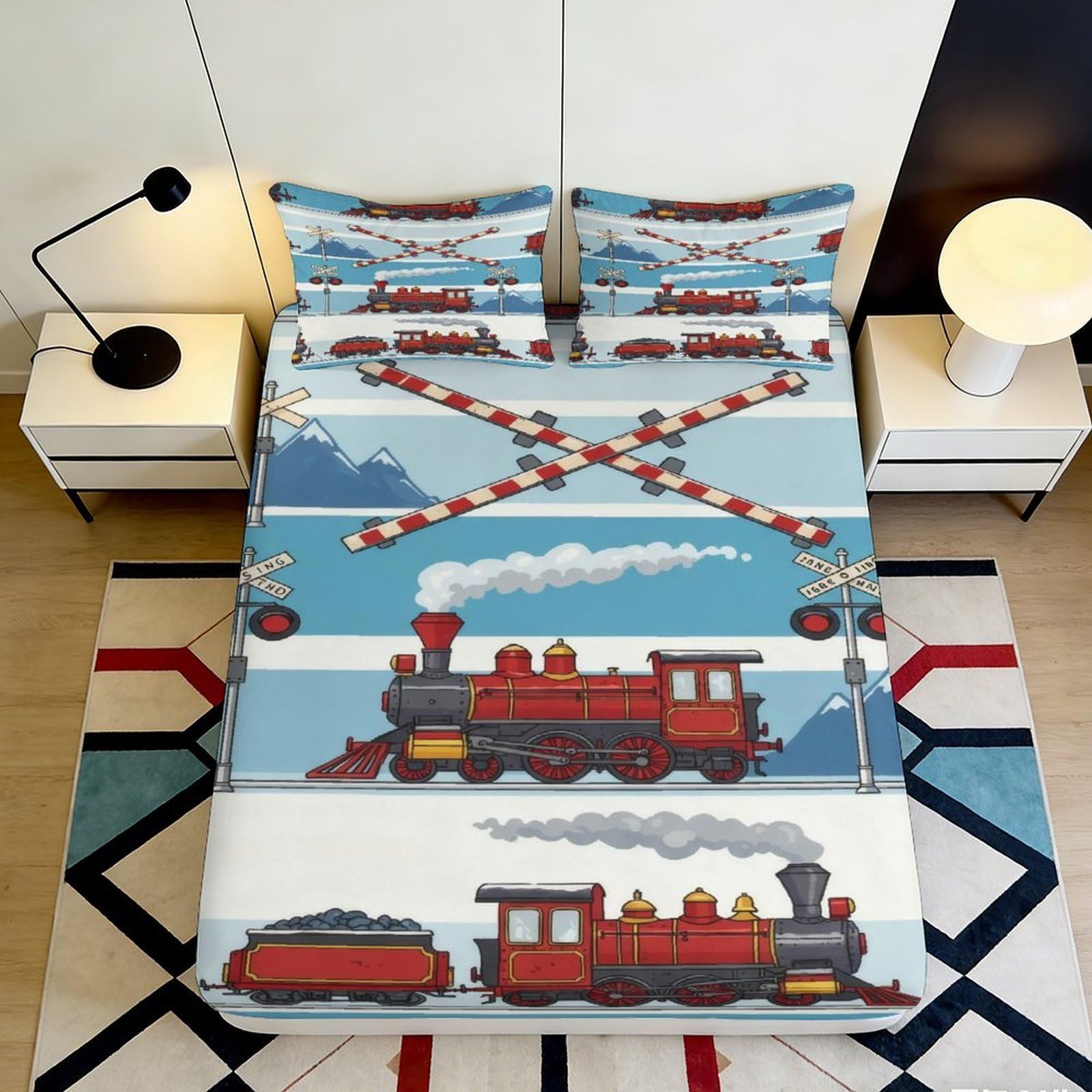 Uxinyoume Style-2 3D Printed Red Train Railway Fitted Sheet Microfiber Soft Anti-Slip Bed Sheet For Bedroom Dorm Decor 90X200x25cm