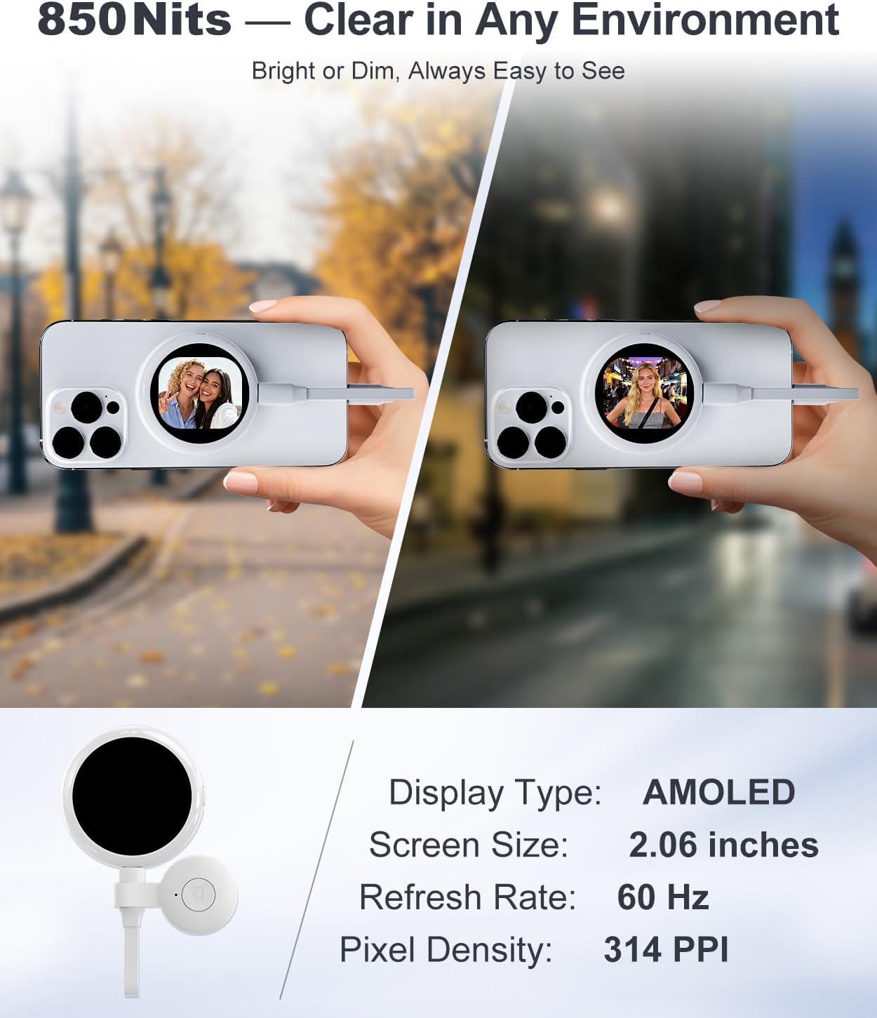 Selfie Monitor Screen for iPhone, Back Camera Preview with Remote, Plug and Play, No App Required, Magnetic Vlog Selfie Monitor Screen, 60FPS AMOLED Display for Live Stream TikTok YouTube - Off White