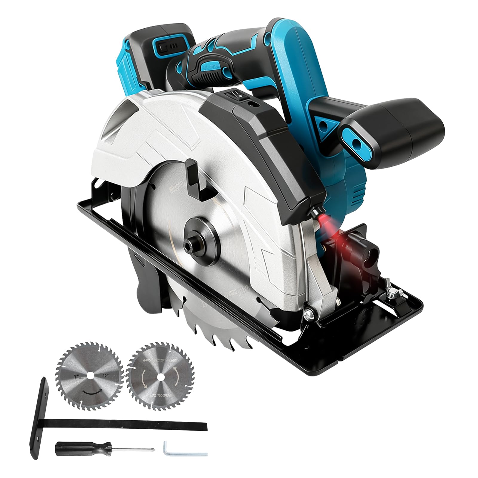 185mm Cordless Circular Saw for MK 18V Battery, 5000RPM Brushless Electric Circular Saw with 2 Saw Blades & Laser Guide, 0-45° Bevel Cutting Angle, Max 57mm Cutting Depth