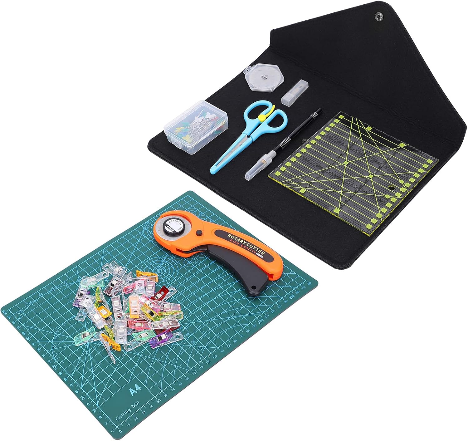 45mm Rotary Cutter Set with Extra Blades, A4 Self Healing Cutting Mat, Tool Bag for Leather Carving, Patchwork, Sewing