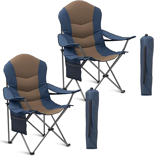 Miniatura 12 de Silla de camping grande con mesa auxiliar resistente de 500 libras, silla plegable para exteriores con bolsa enfriadora (azul y gris, 2 piezas) Azul