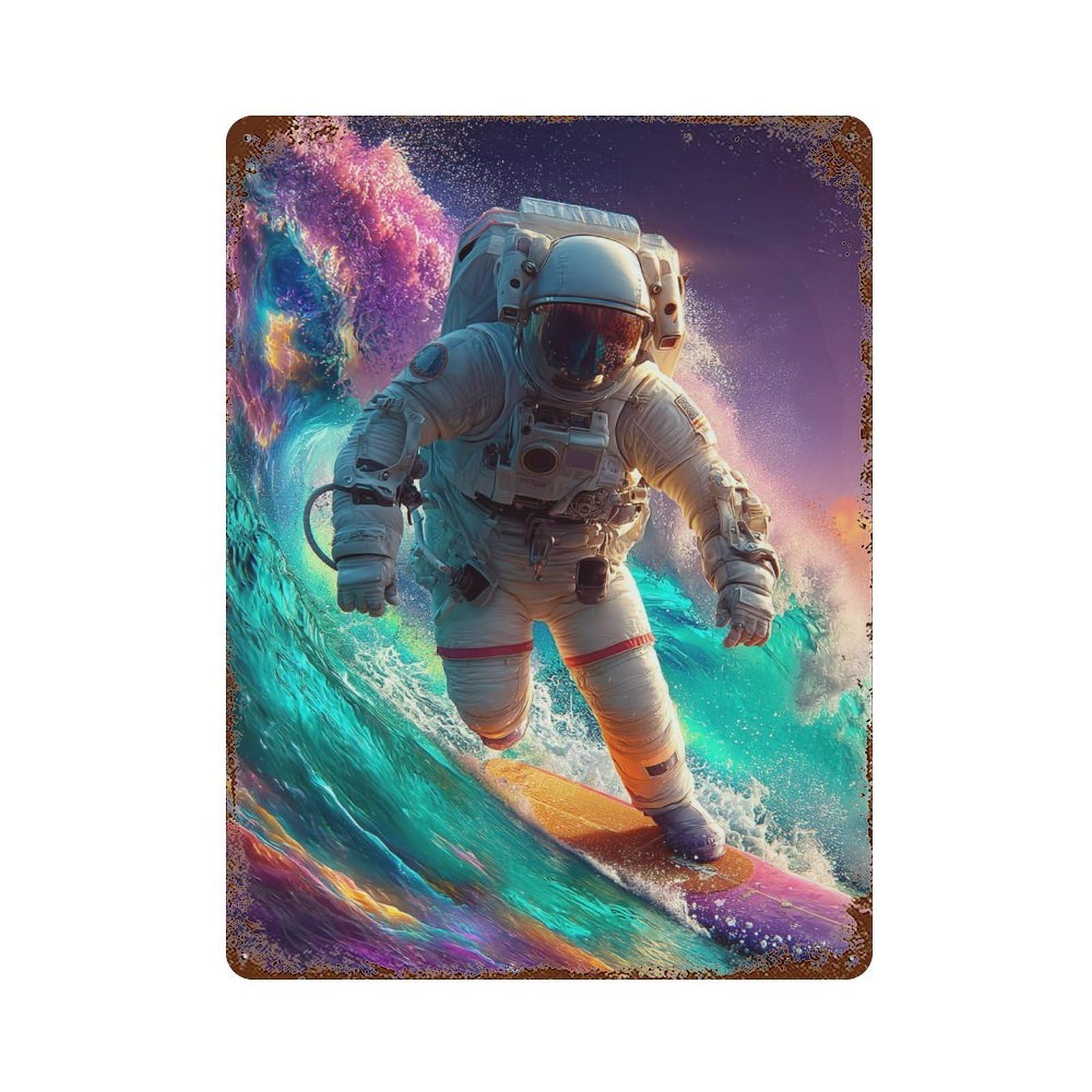 Astronaut Surfing Cosmic Wave Rusty Metal Tin Sign 15.7"x11.8", Vintage Wall Decor for Garage, Pub Or Kitchen