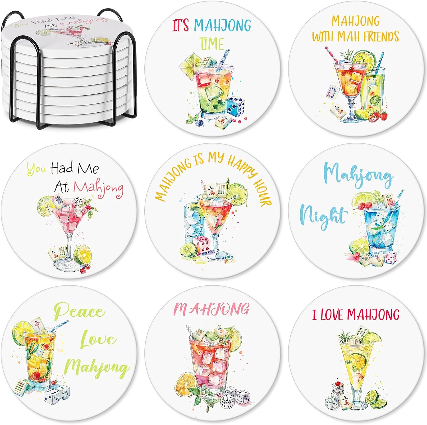Patelai 8 Pcs Mahjong Ceramic Coasters with Holder Round Absorbent Drink Coasters for Game Night Funny Mah Jong Gifts and Accessories for Mahjong Cup, Drink, Table Game Party Supplies Decoration