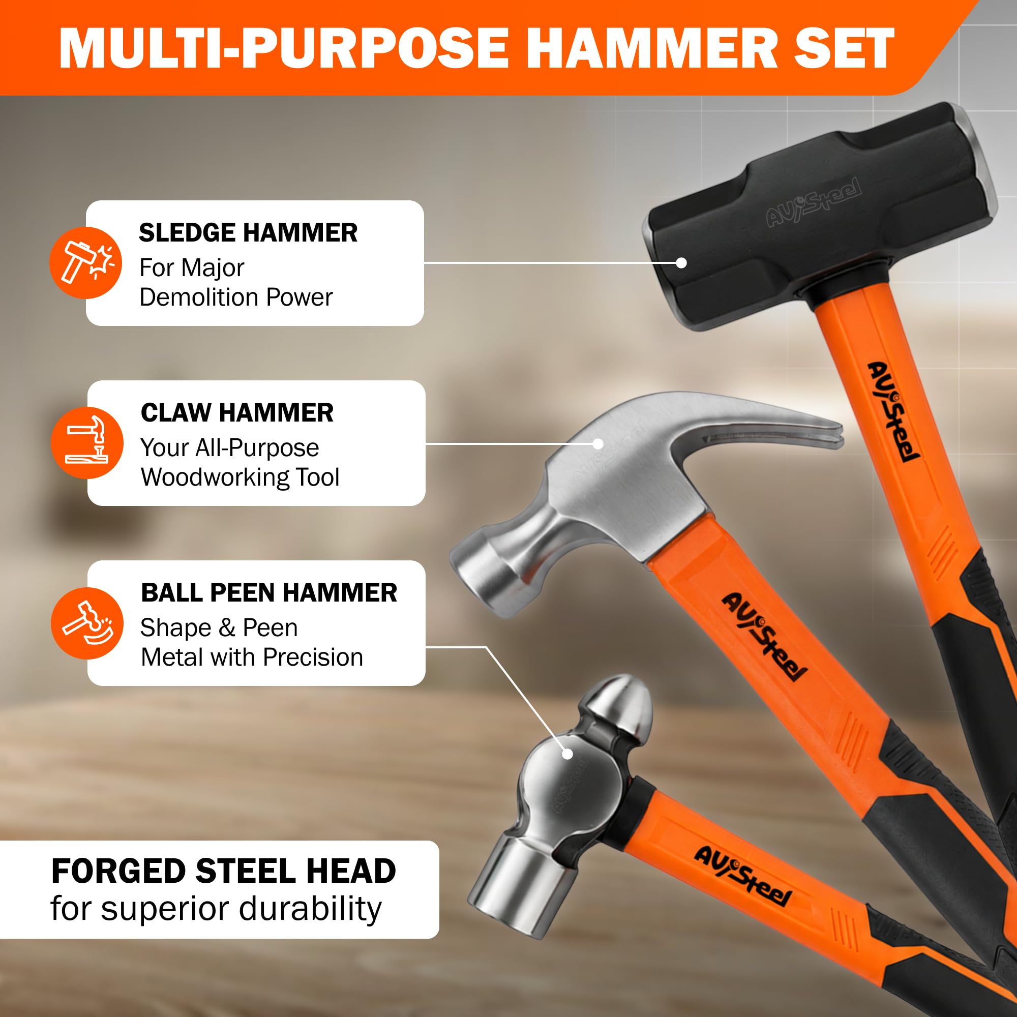 AV Steel 5er-Pack Schlägelhammer-Set – 907 g Gummihammer, 33 mm doppelseitiger Schlägel, 473 g Klauenhammer, 473 g Kugelhammer, 1,4 kg Schlitten und Handschuhe für Heimwerker und Reparaturen zu Hause