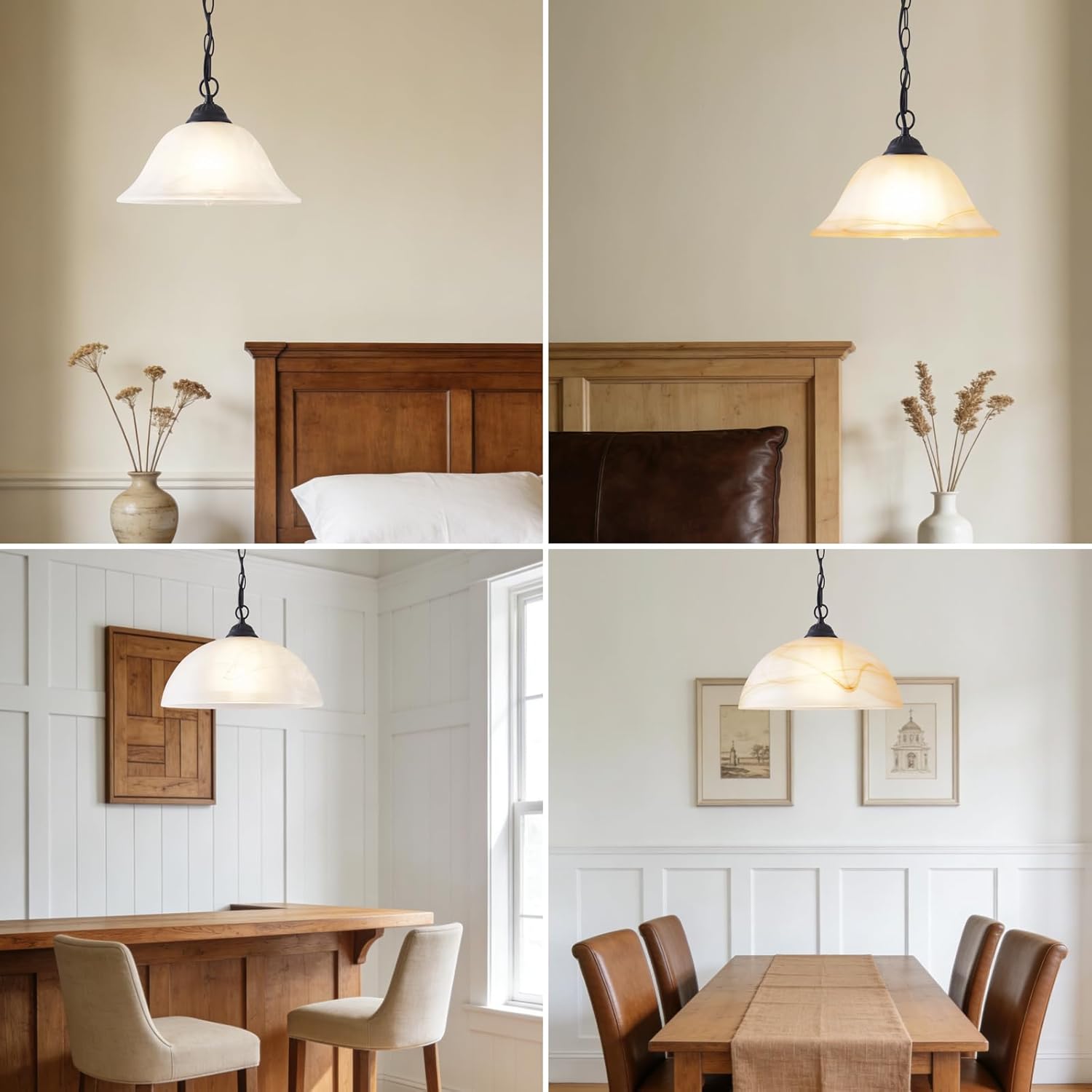 Traditional Plug in Pendant Light Fixture Antique Alabaster Glass Shade，16.4Ft Cord & 14.76Ft Chain，Black Hanging Lamp with Dimmable Switch，for Kitchen Sink Garage Corner Nook