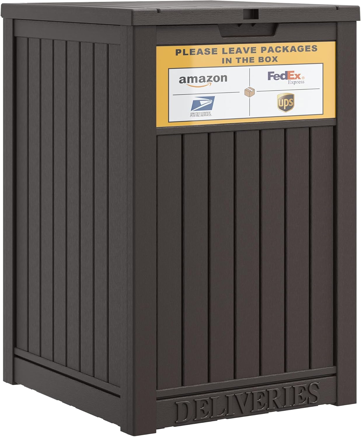 Package Delivery Box for Outside with Sign, Secure Lockable Waterproof Package Delivery Container, Resin Deck Box for Porch & Garden, Brown