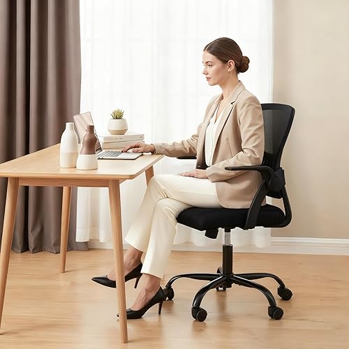 Miniatura 2 de DUMOS Silla de computadora de oficina en casa, escritorio ergonómico de respaldo medio con soporte lumbar y modo mecedor, altura ajustable con