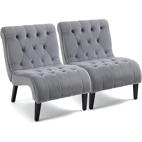 ECOTOUGE Velvet Upholstered Accent Chair Set of 2, Armless Chair with Wood Legs, Comfy Reading Chair with Button Tufted Seat & Back, Lounge Chair for Bedroom & Living Room, Grey